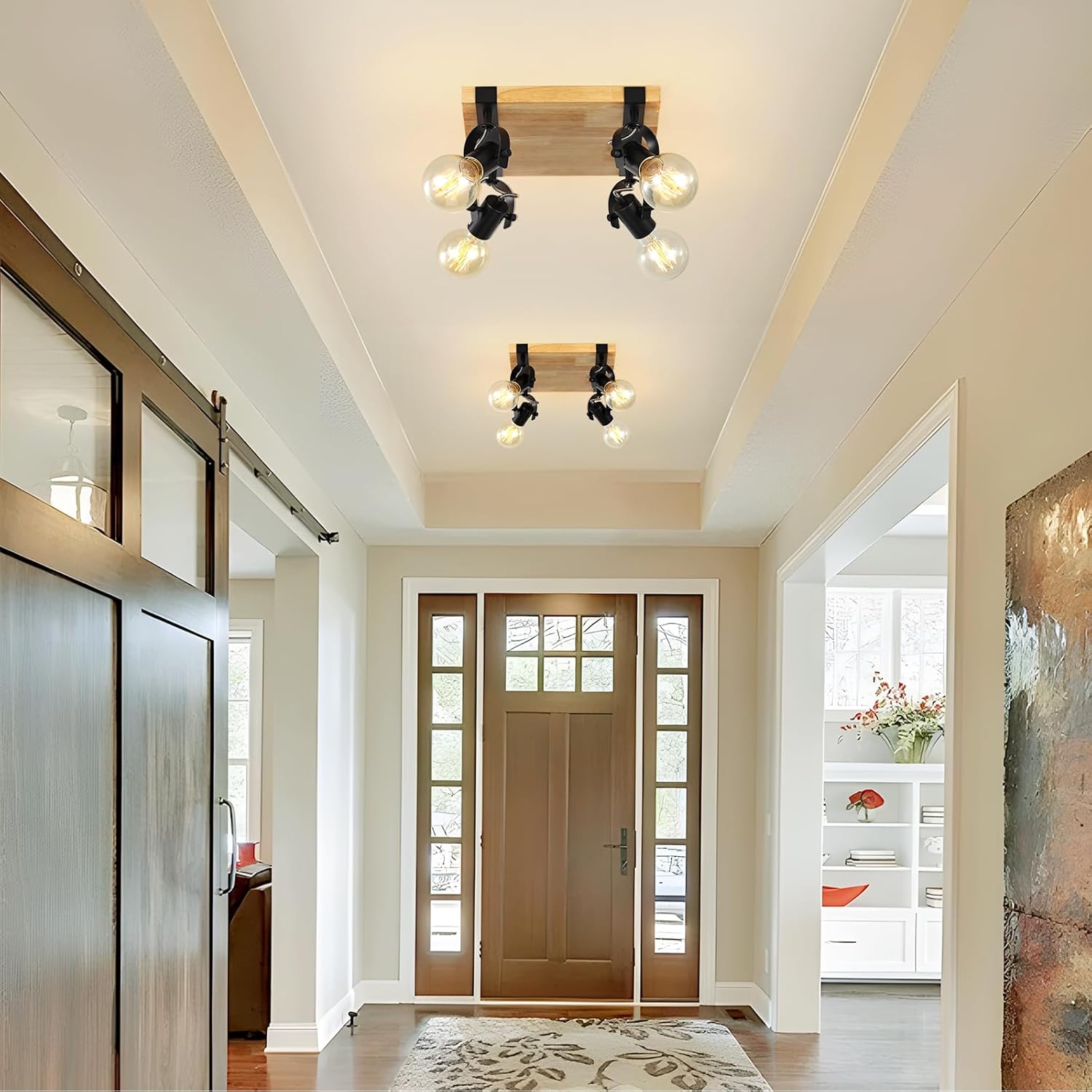 SEEBLEN Farmhouse Wooden Flush Mount Ceiling Lamp,4-Light Directional Ceiling Spotlight Track Light Kits,Rustic Farmhouse Kitchen Light Fixtures for Kitchen Bathroom Bedroom Hallway.