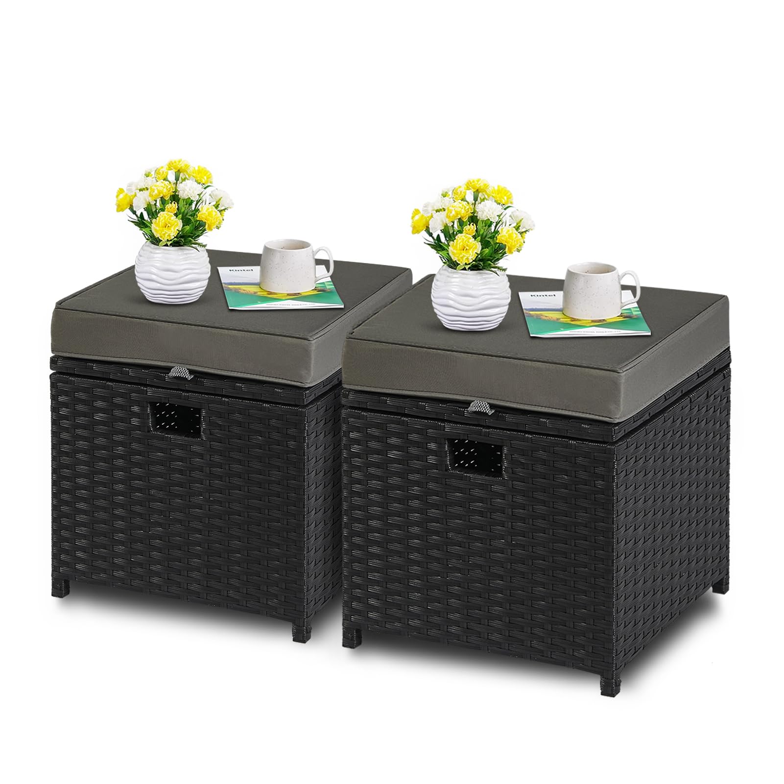 YIYAN Lot de 2 repose-pieds d'extérieur en rotin synthétique avec rangement pour toutes les saisons avec coussin amovible (gris)