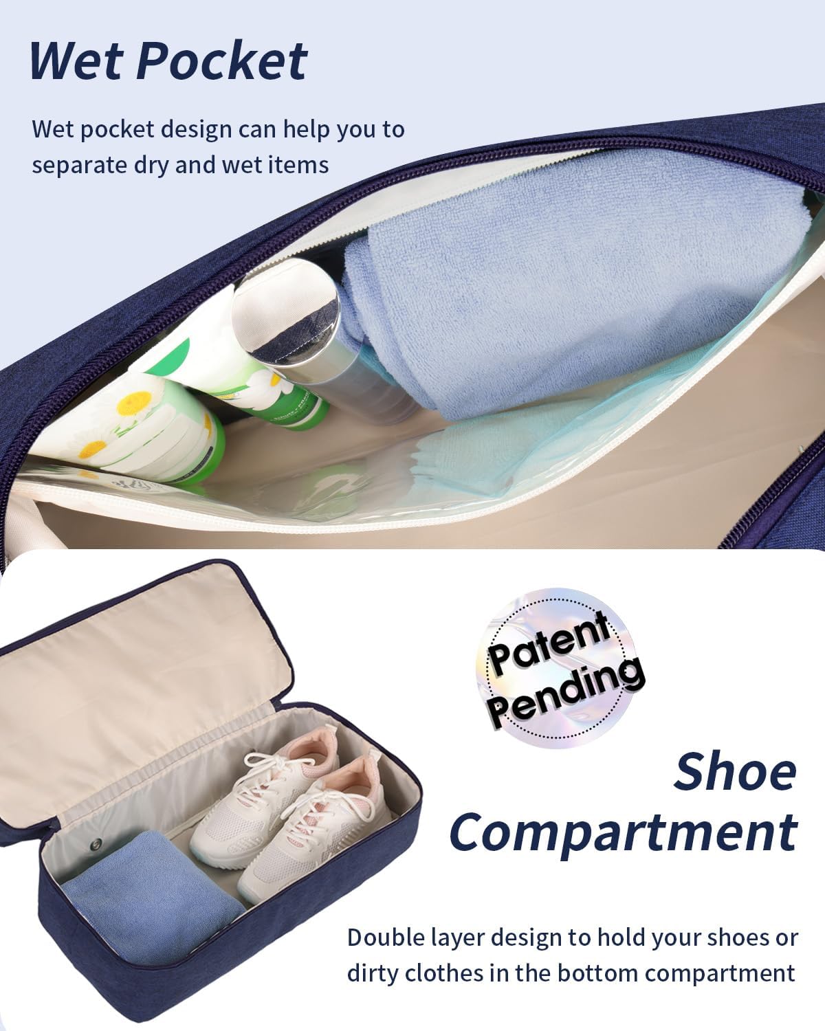 Wandering Nature Personal Item Bag 18x14x8 Travel Duffel Bag Underseat Carry on Luggage with Shoe Compartment Wet Pocke Toiletry Pouch for Women Men Patent Pending