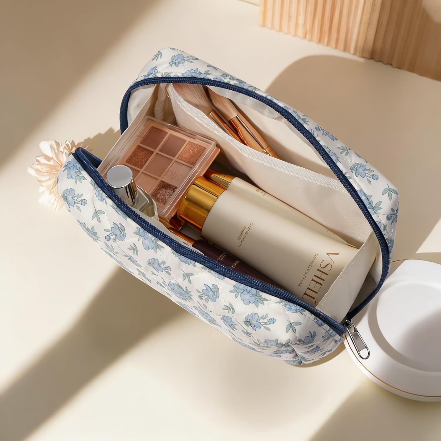 TOPEAST Makeup Bag, Large Quilted Cosmetic Bag, Big Floral Make Up Bag for Women Girls, Cute Cotton Makeup Bag Set, Flower Travel Toiletry Organizer Bag, Zipper Portable Cosmetic Pouch - Image 2