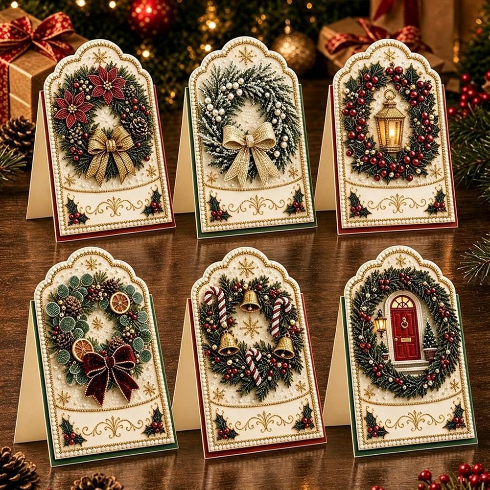 6PCS DIY Christmas Pearl Diamond Art Painting Greeting Cards with Envelopes