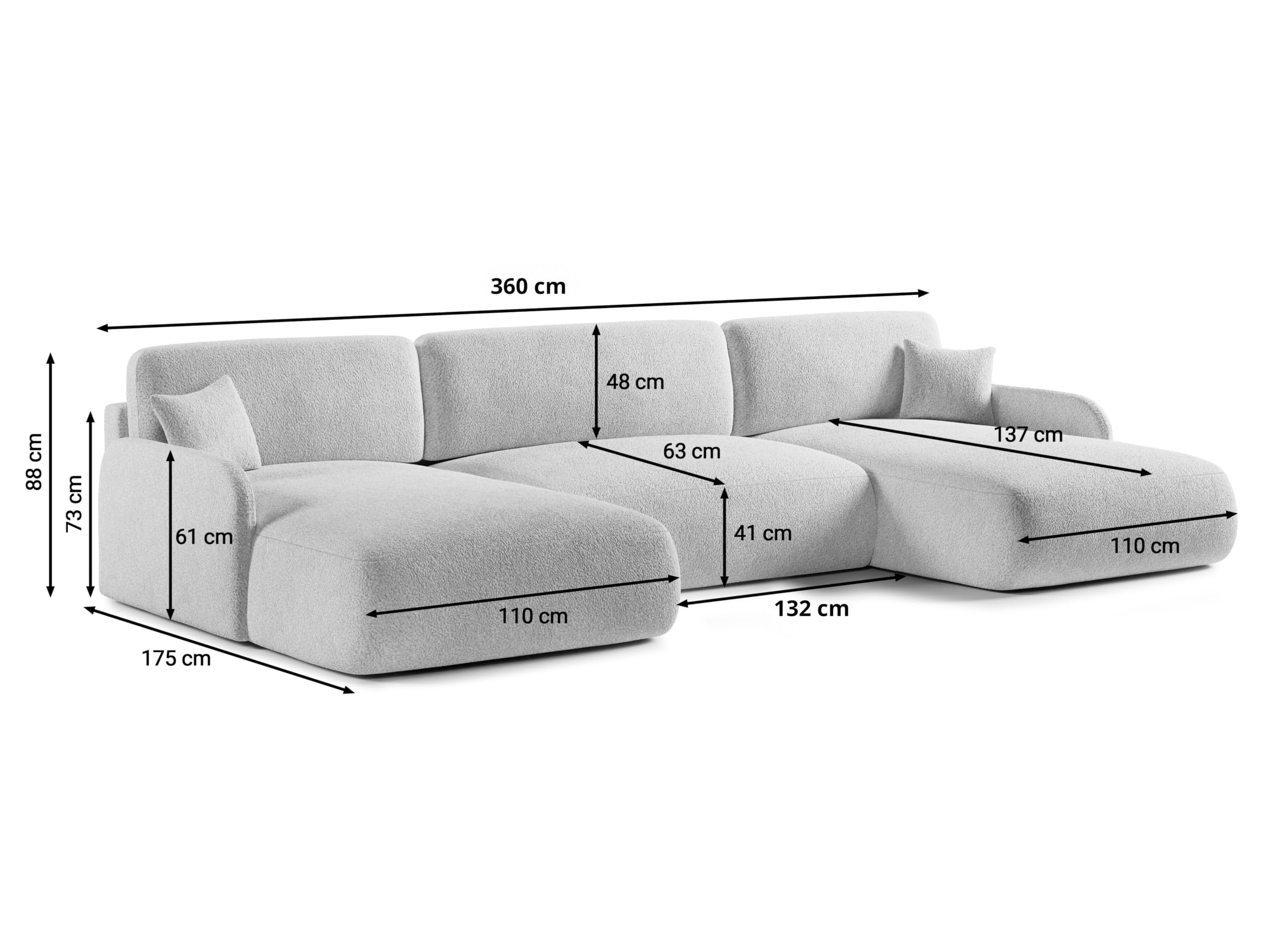 U-Form Wohnlandschaft mit Schlaffunktion 360x175 cm Bouclé Beige – Großes Schlafsofa mit Bettkasten, Moderne Couch mit Stauraum Pierr (Anthology 1)