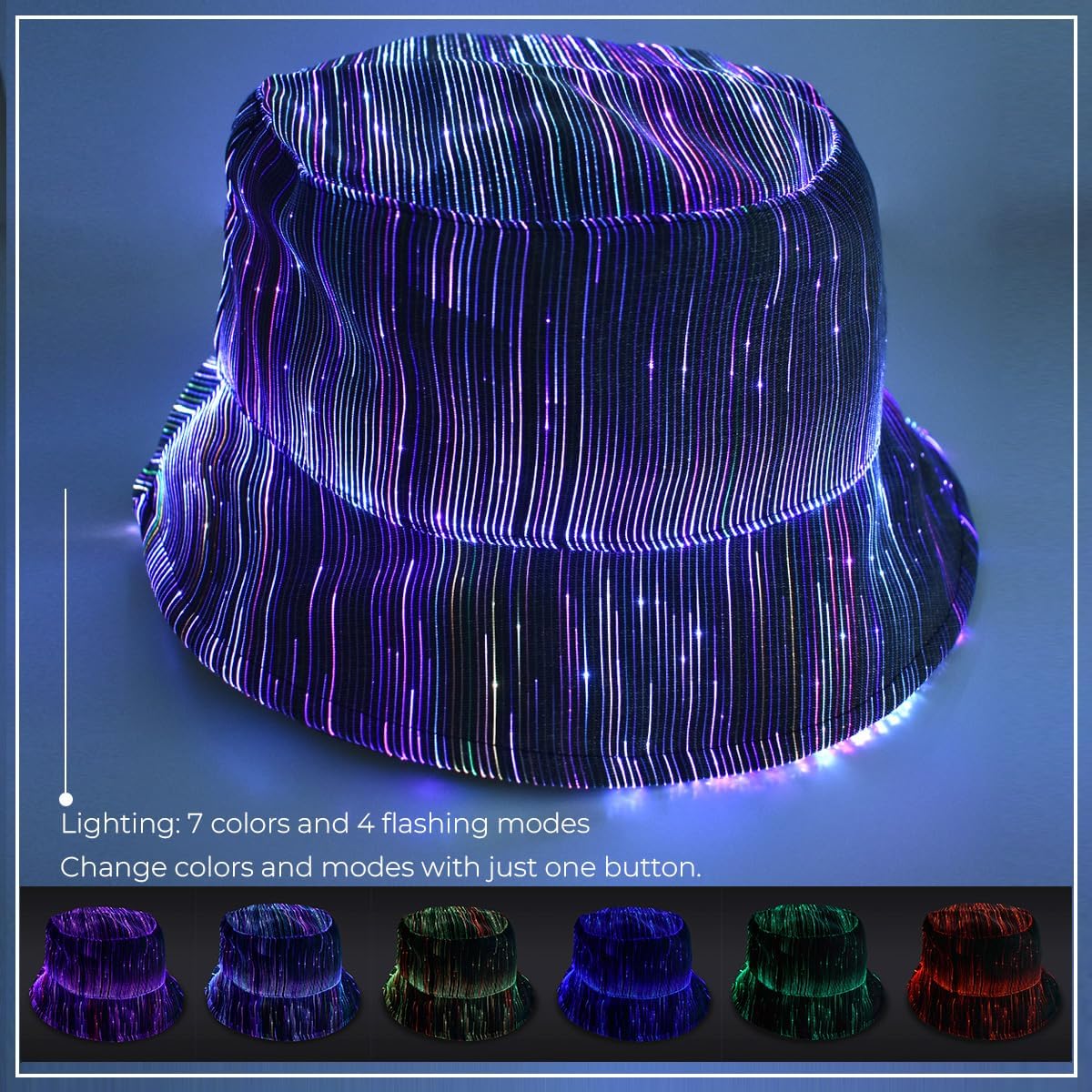 LED Bucket Hat – USB Rechargeable, 7-Color Light-Up Cap for Rave Outfits for Men & Women, EDM Festival & Party Wear