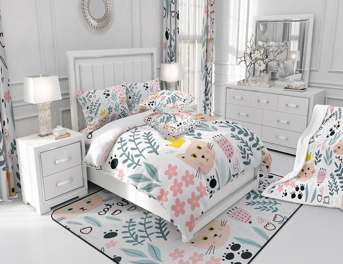 Manfei Cute Cats Duvet Cover Set Twin Size, Flower Leaves Paw Print Bedding Set 2pcs for Kids Boys Girls, Botanical Floral Comforter Cover Soft Polyester Quilt Cover with 1 Pillowcase,No Comforter