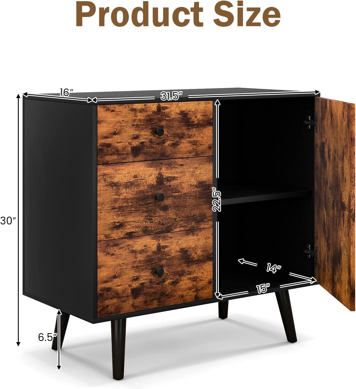 GOFLAME Storage Cabinet with Door & 3 Drawers, Mid-Century Floor Cabinet with Adjustable Shelf, Wooden Buffet Table Sideboard, Multipurpose Storage Organizer for Living Room, Dining Room, Rustic Brown