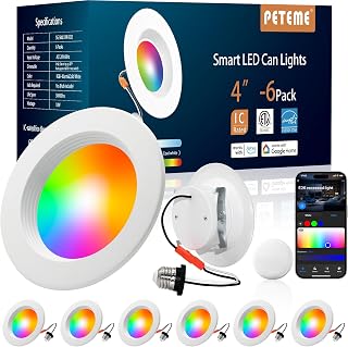 Peteme E26 Retrofit LED Recessed Lighting 4 Inch, IC Rated ETL Certified Smart Can Light Baffle Trim Style, RGBCW Dimmable Color Changing Soffit Downlight Compatible with Alexa/Google, 800LM, 6 Pack