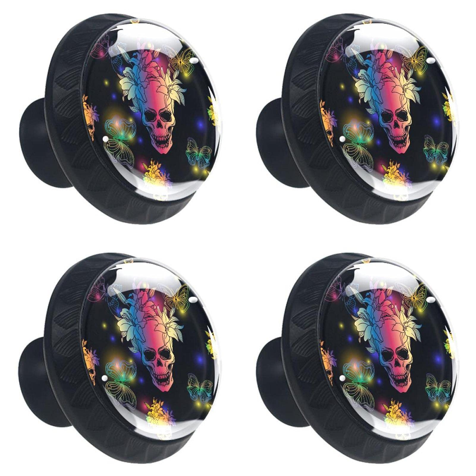 Boutons de placard tête de mort et papillon en verre 30mm avec vis incluses | Lot de 4