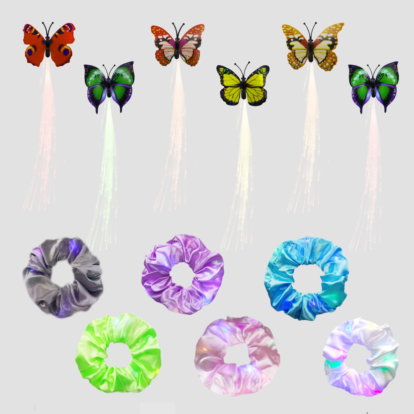 URAQT Leuchtende Haargummis, 12PCS Mallorca Party Accessoires mit 6PCS Led Schmetterling Leuchtender Haarschmuck, Leuchtende Haarbänder Neon Haargummi, Damen Mädchen Haarschmuck für Weihnachten