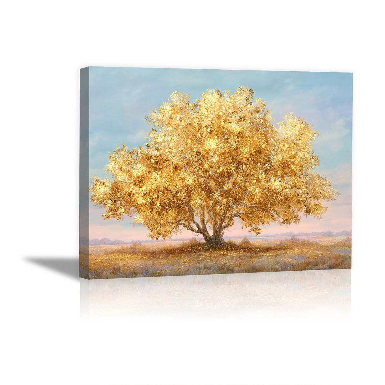 TODOAA Naturaleza Cuadro Árbol Abstracto Modernos Árboles coloridos junto al lago Decoracion Salon Lienzo, Dormitorios Para Comedor Oficina Pasillo Cocina Y Baño（Oro 41-50x70cm Enmarcado