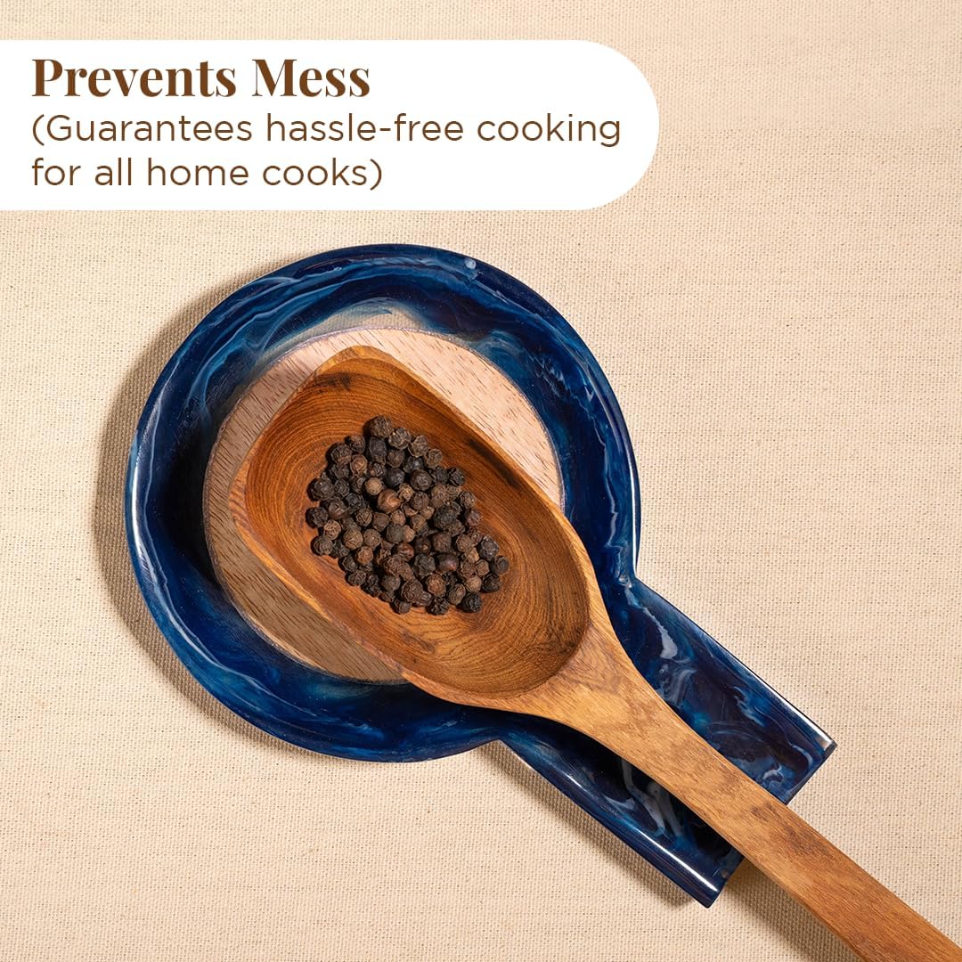 Folkulture Spoon Rest or Spoon Holder | (7 x 5") Resin Spoon Rest for Stove Top or Kitchen Utensils Holder | Wooden Spoons for Cooking | 12" Premium Acacia Wooden Utensil Set of 5