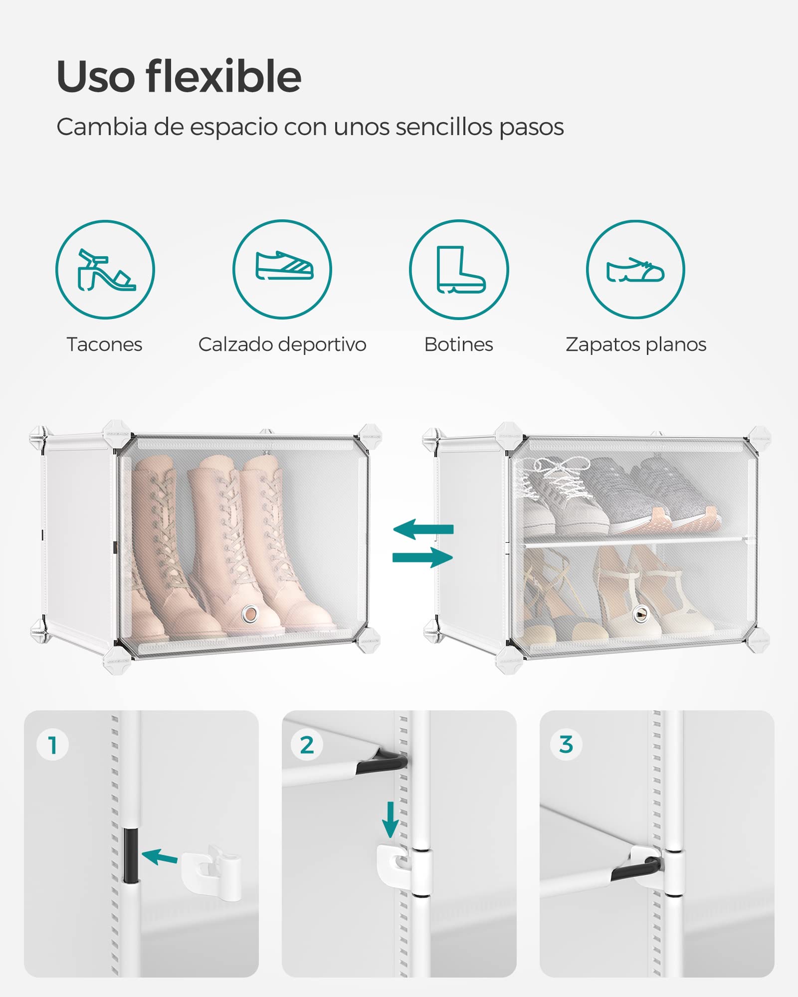 SONGMICS Mueble Zapatero Plástico, 10 Compartimentos para 40 Pares de Zapatos, con Puertas, Estructura de Acero y Estantes de Plástico, Armario para Dormitorio, Blanco Nube y Transparente LPC035W01