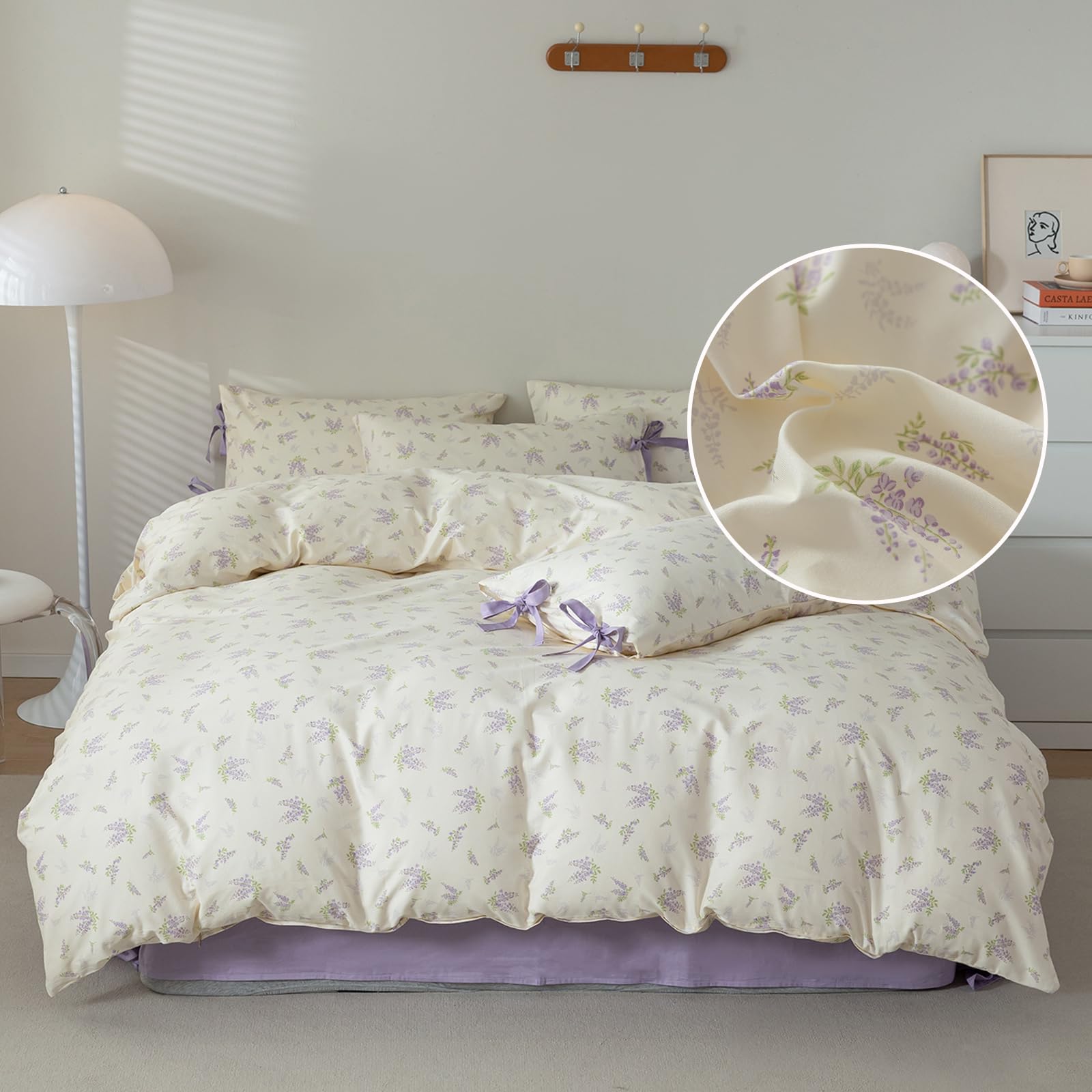 LifeTB Purple Floral Duvet Cover Queen 3 Piece Cotton Flower Botanical Vintage Style Lilac Comforter Girls Cottagecore Bedding Sets 1 with 2 Bow Ties Pillowcases — image 1