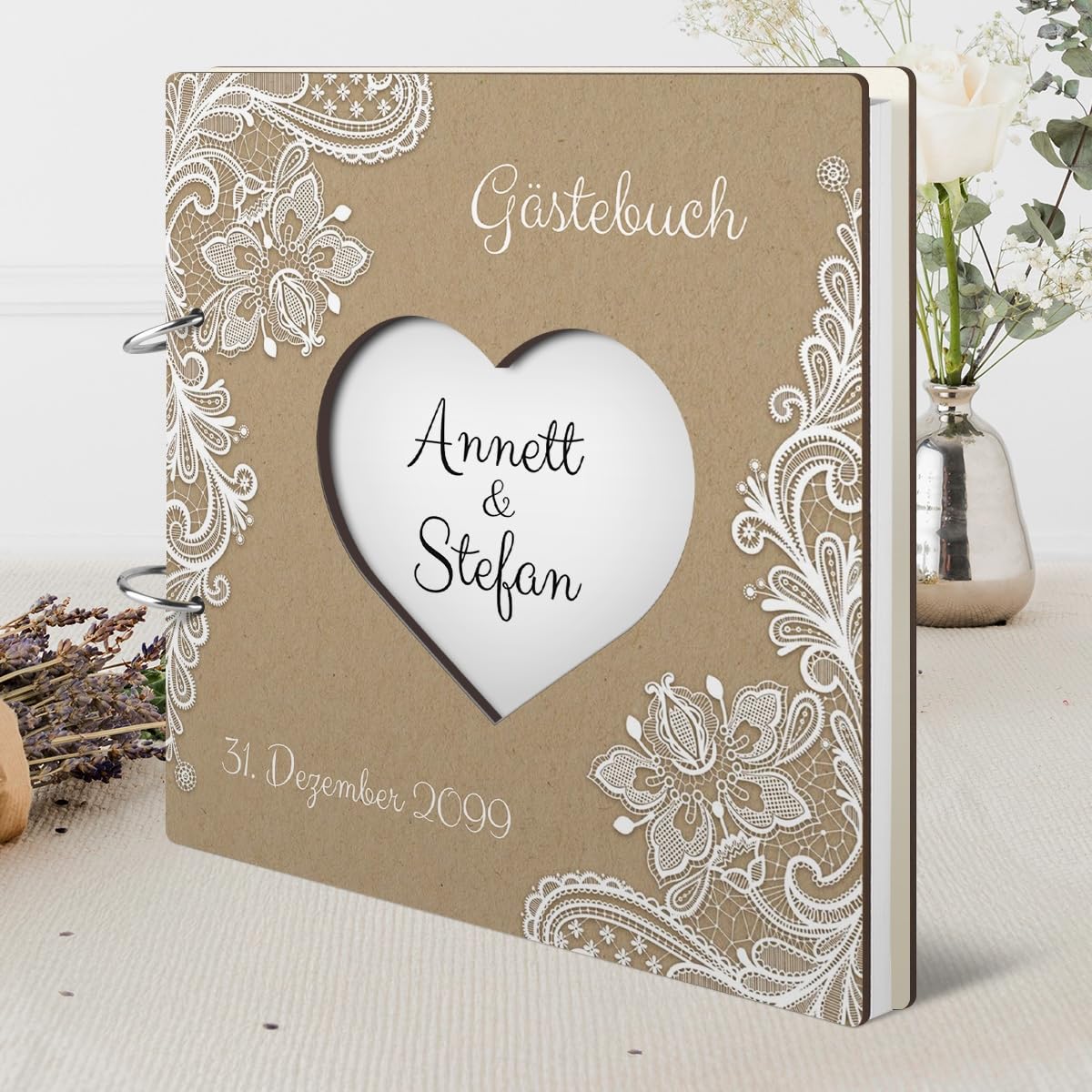 Hochzeit Gästebuch Holzcover 215 x 215 mm 144 Naturpapier Innenseiten personalisiert lasergeschnitten - Rustikal Kraftpapier