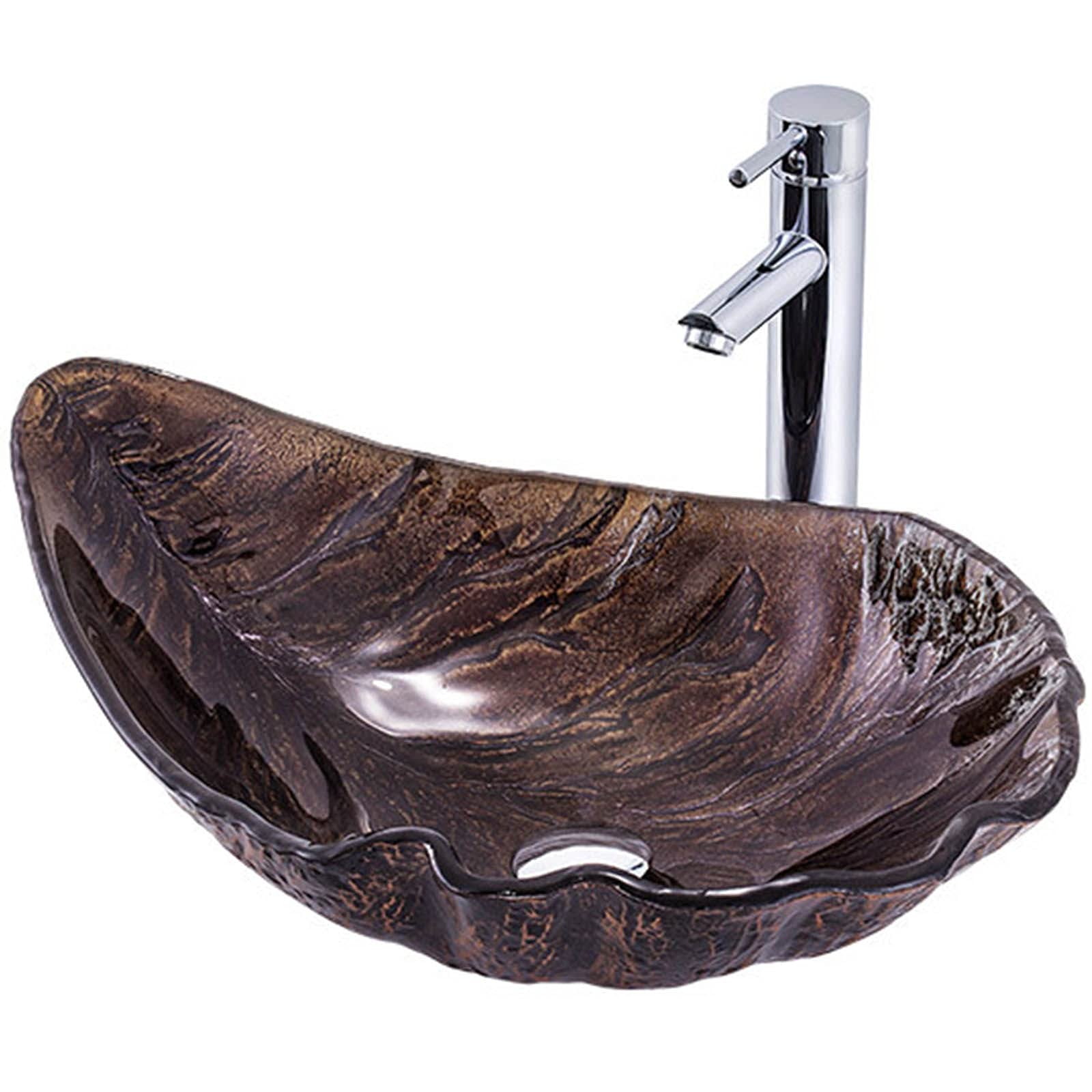 CWCQGH Bathroom Vessel Sink,Tempered Glass Bathroom Vessel Sink,Countertop Basin Sink with Pop Up Drain, Mounting Ring,with Waterfall Faucet,16.5 Inch,A (D)