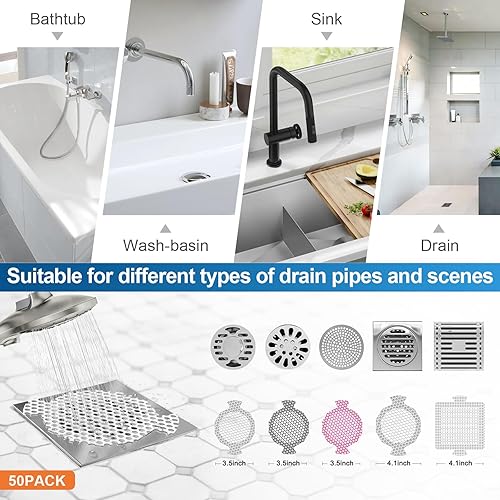 Miniatura 5 de INVIHUG, Paquete de 50 calcomanías desechables de malla para drenaje de ducha, atrapa el drenaje de pelo para ducha (blanco)