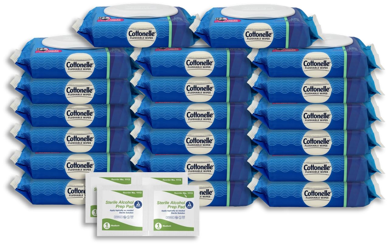 Cottonelle Flushable Wipes: 20 Packs of 42 (840 Total), Resealable Container, Septic Safe, Plus 200 Prep Wipes