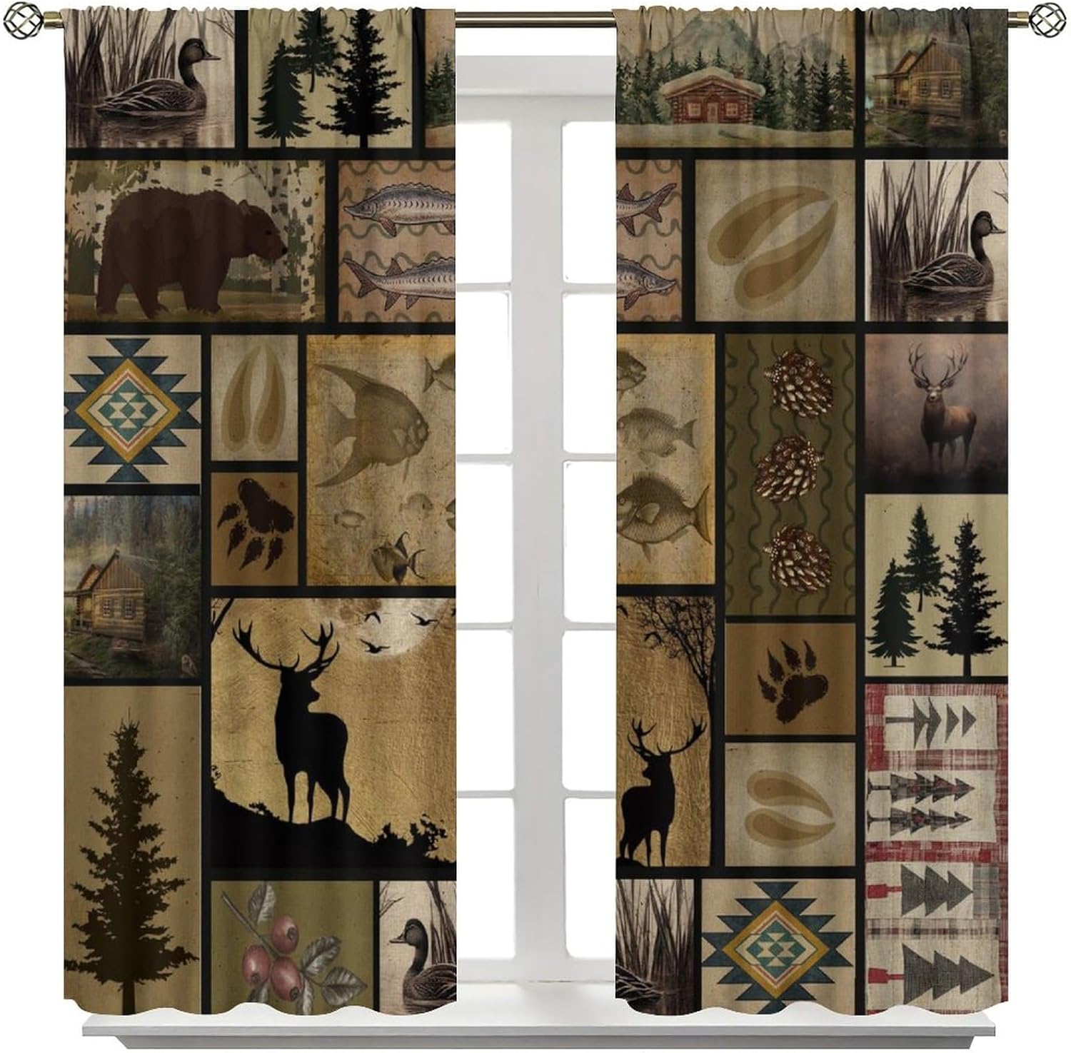 Vintage Deer Bear Curtains, Fish Retro Farmhouse Cabin Lake Country Lodge Thermal Insulated Window Treatments for Bedroom Kitchen Living Room Drapes 2 Panels 84x84 Inch