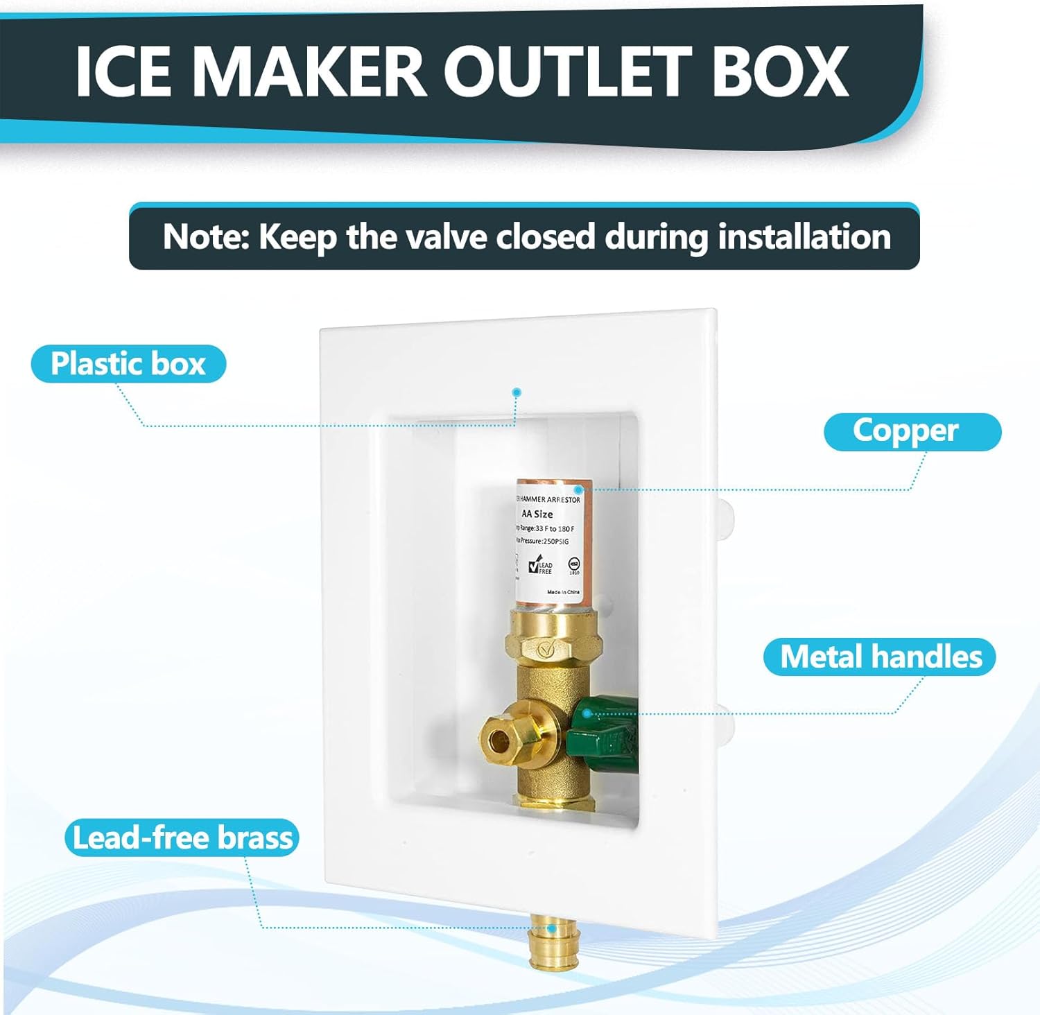 1-Pack Seelink Pre-Assembled Ice Maker Outlet Box, 1/2" PEX-A Expansion Inlet x 1/4" OD Compression Outlet, with Installed 1/4-Turn Ball Valve and Copper Hammer Arrestor