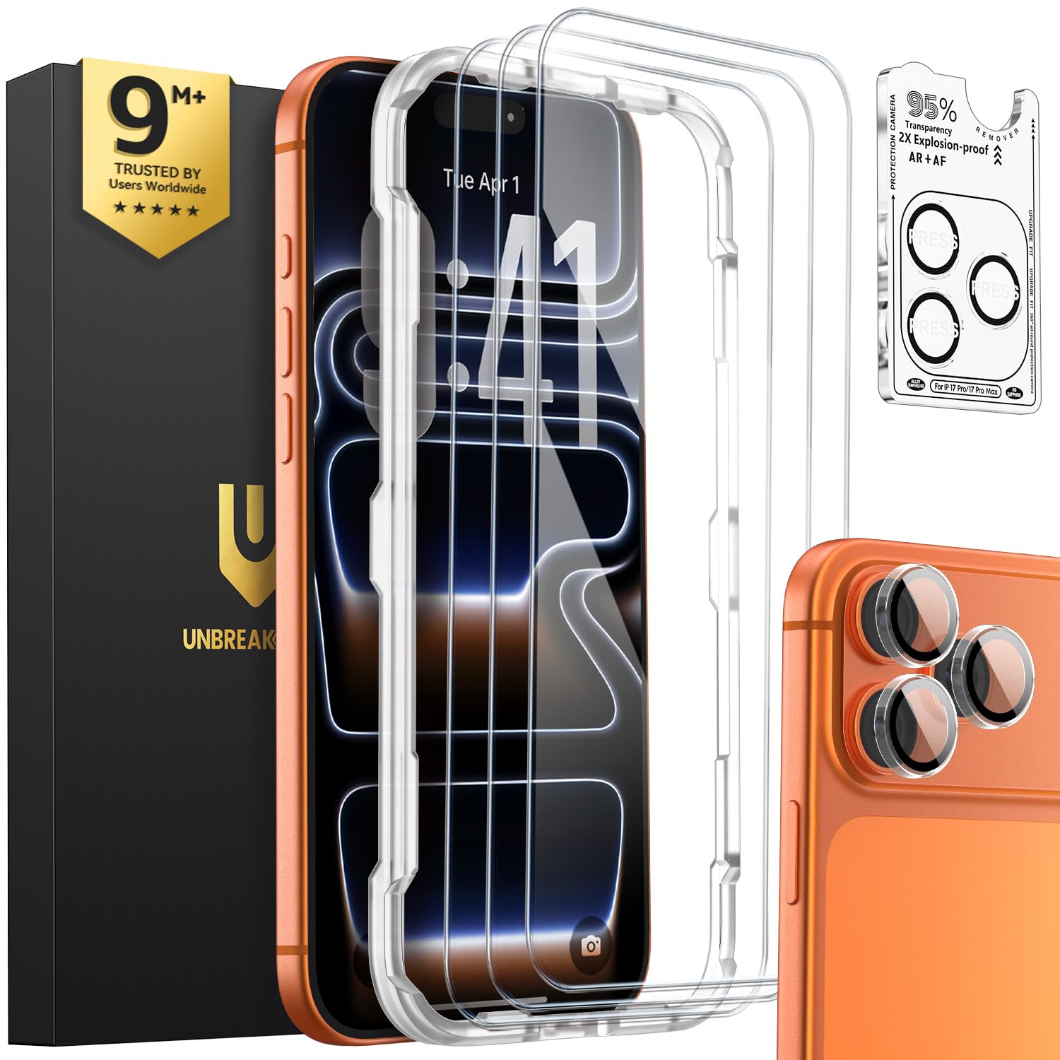 UNBREAKcable iPhone 17 Pro Panzerglas Schutzfolie 3 Stück, Verbessertes Doppelt Gehärtetes Glas + 3 Kamera Schutz, Military-Grade 9H Härte, HD-klar, Anti-Fingerprint, Hüllenfreundlich, 6,3 Zoll