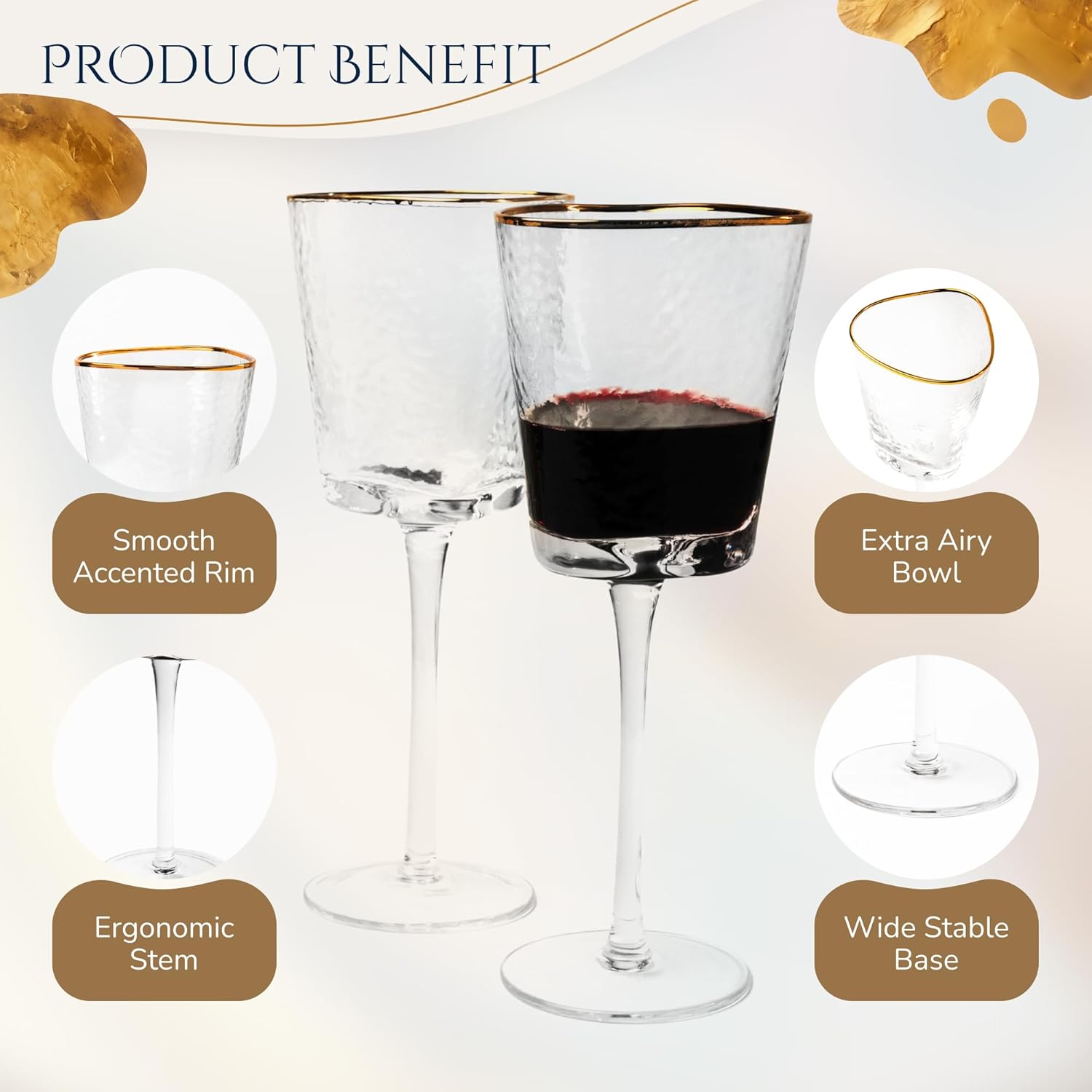 Bec's Designs Gold Rimmed Wine Glasses – Set of 4, 10oz Handblown Hammered Glass, Unique Triangular Shape – Elegant Stemware for Red, White & Champagne - Image 8