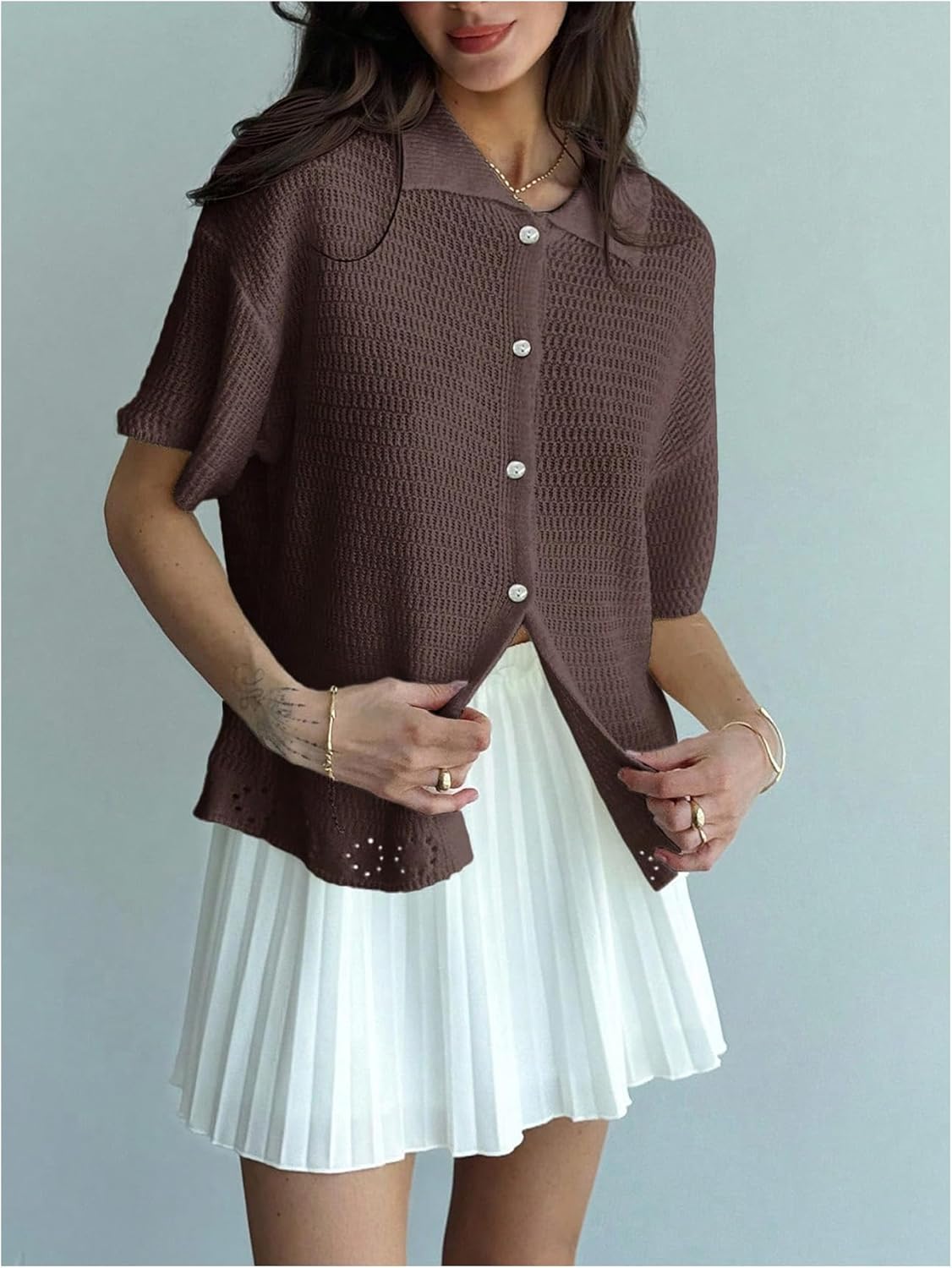 MakeMeChic Women's Half Sleeve Cardigan Button Down Short Sleeve Knitted Sweater - Image 2