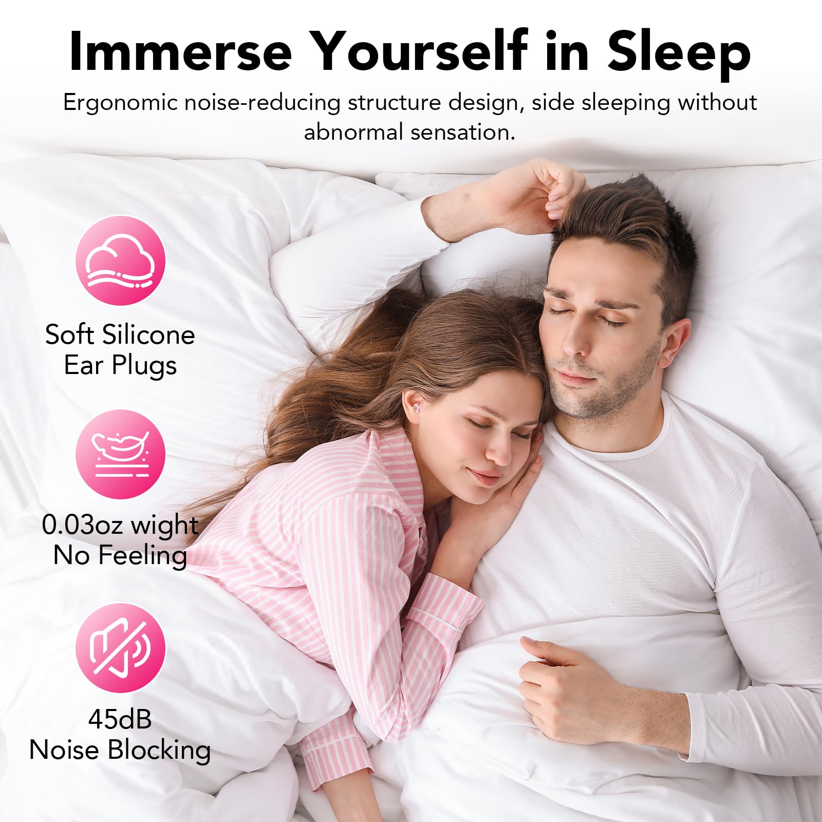 Tapones Oidos Ruido Dormir,45dB Tapones Oidos Cancelacion de Ruido Protección Auditiva para Dormir/Concentración/Conciertos, con 8 Reutilizable Puntas(XS/S/M/L) y Estuche, Rosa