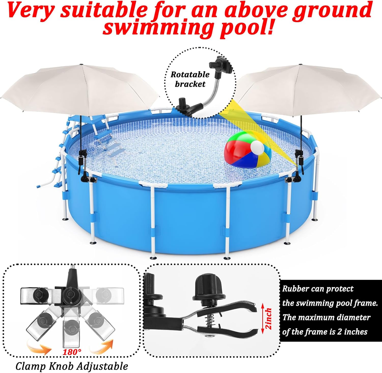 FMOACEN 2 Pack Pool Shade Umbrella for Above Ground, Pool Sunshade Canopy With Adjustable Universal Clamp, Portable Patio Umbrella for Garden Beach Chair Camp Trolley Stroller Golf Cart