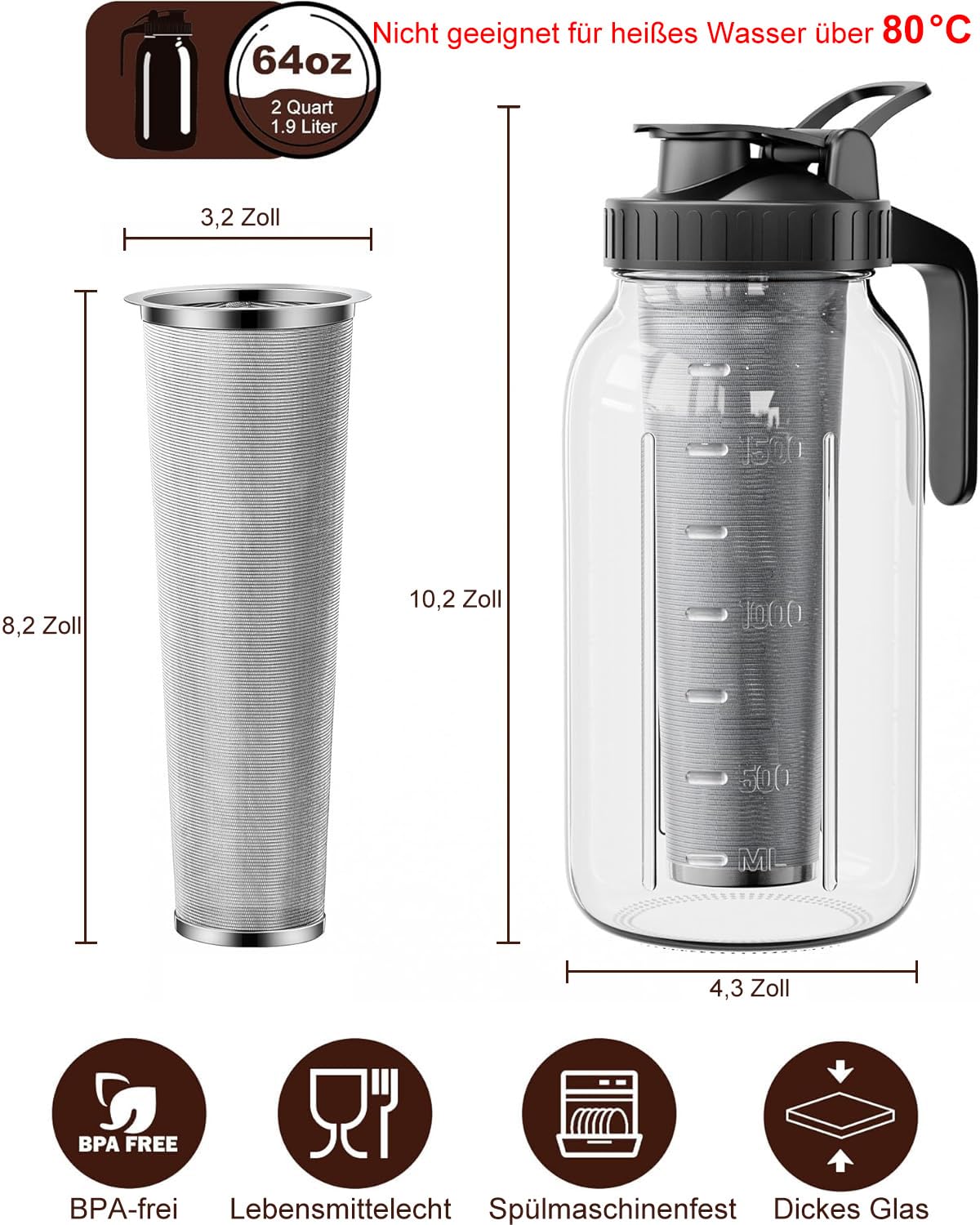 1.8 l Kaltgebrühte Kaffeemaschine – Einmachglaskrug mit Deckel und Auslauf, kein Auslaufen, Eiskaffeemaschine mit Edelstahlfilter, Eistee, Limonade und kaltgebrühtes Gebräu (schwarz)