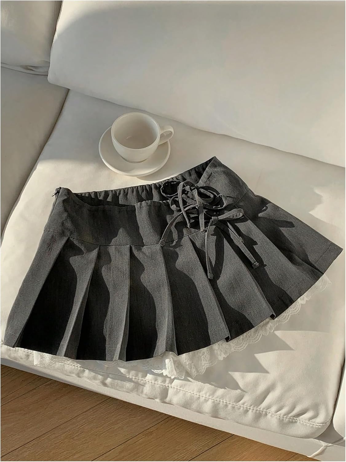Women's Bowknot Lace Pleated Mini Skirt Low Rise A Line Skirt Preppy Elegant Skirts