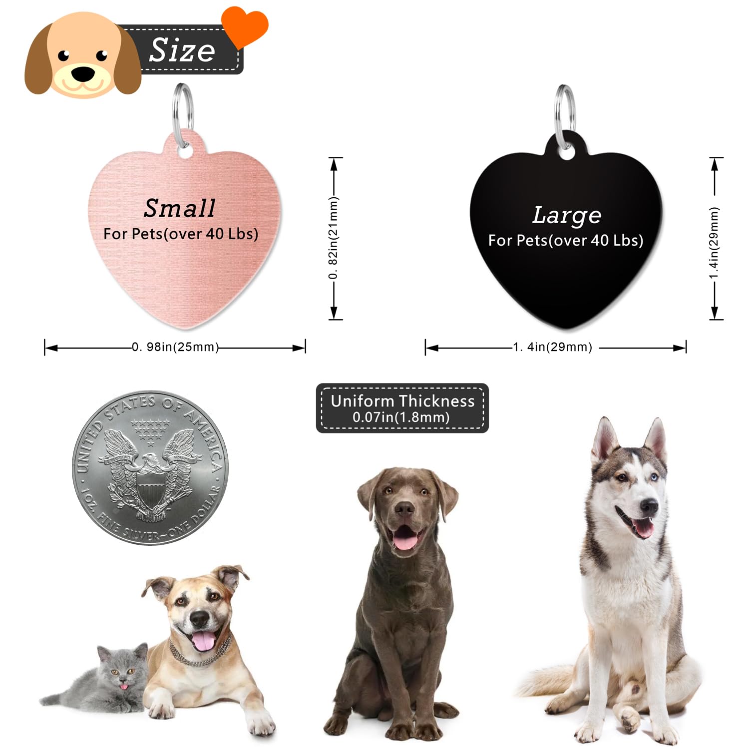 HollowHeart-2: Personalized Dog & Cat Tags, Stainless Steel, Engraved Both Sides, Bone, Round, Heart, Bow Tie