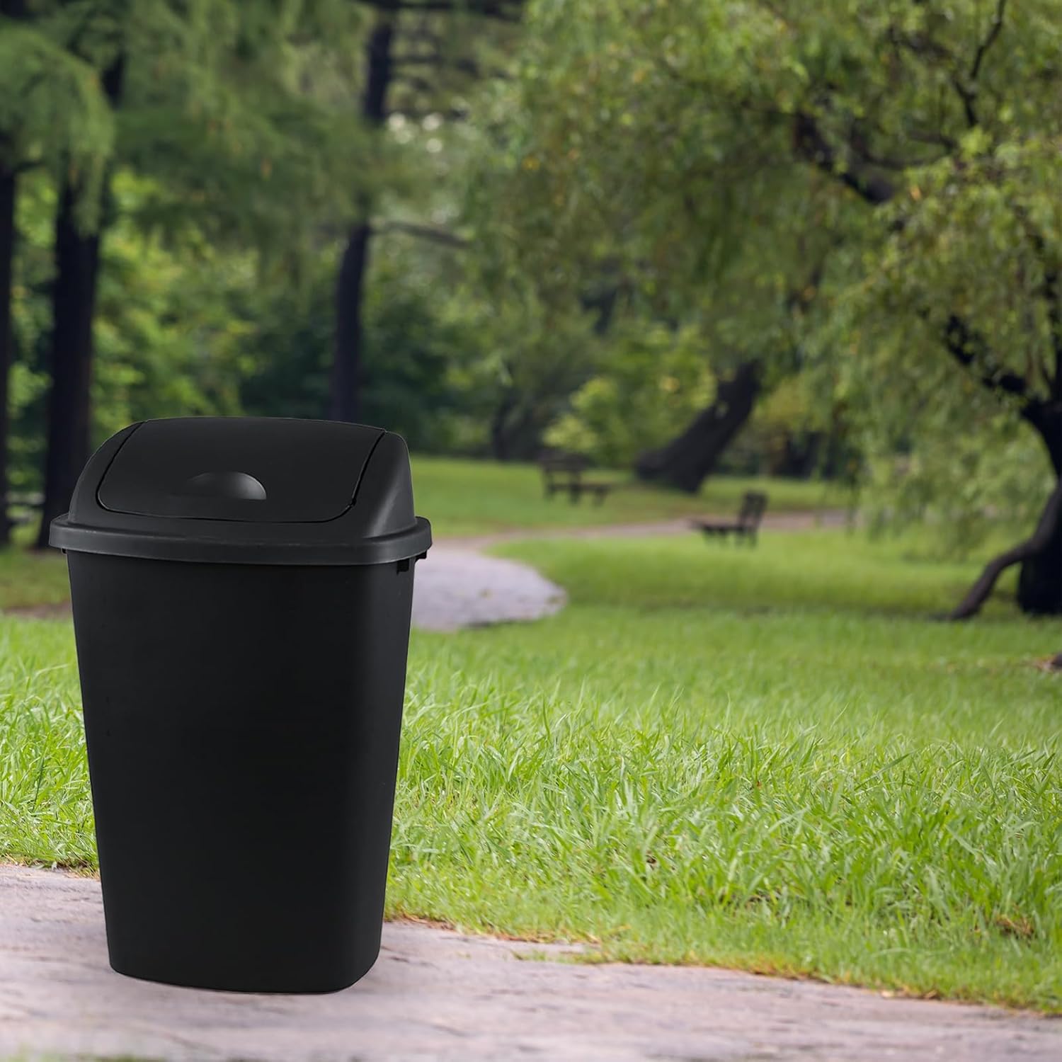 Gloreen 4-Pack 13 Gallon Plastic Garbage Can with Lid, Swing Top Kitchen Trash Can, Black