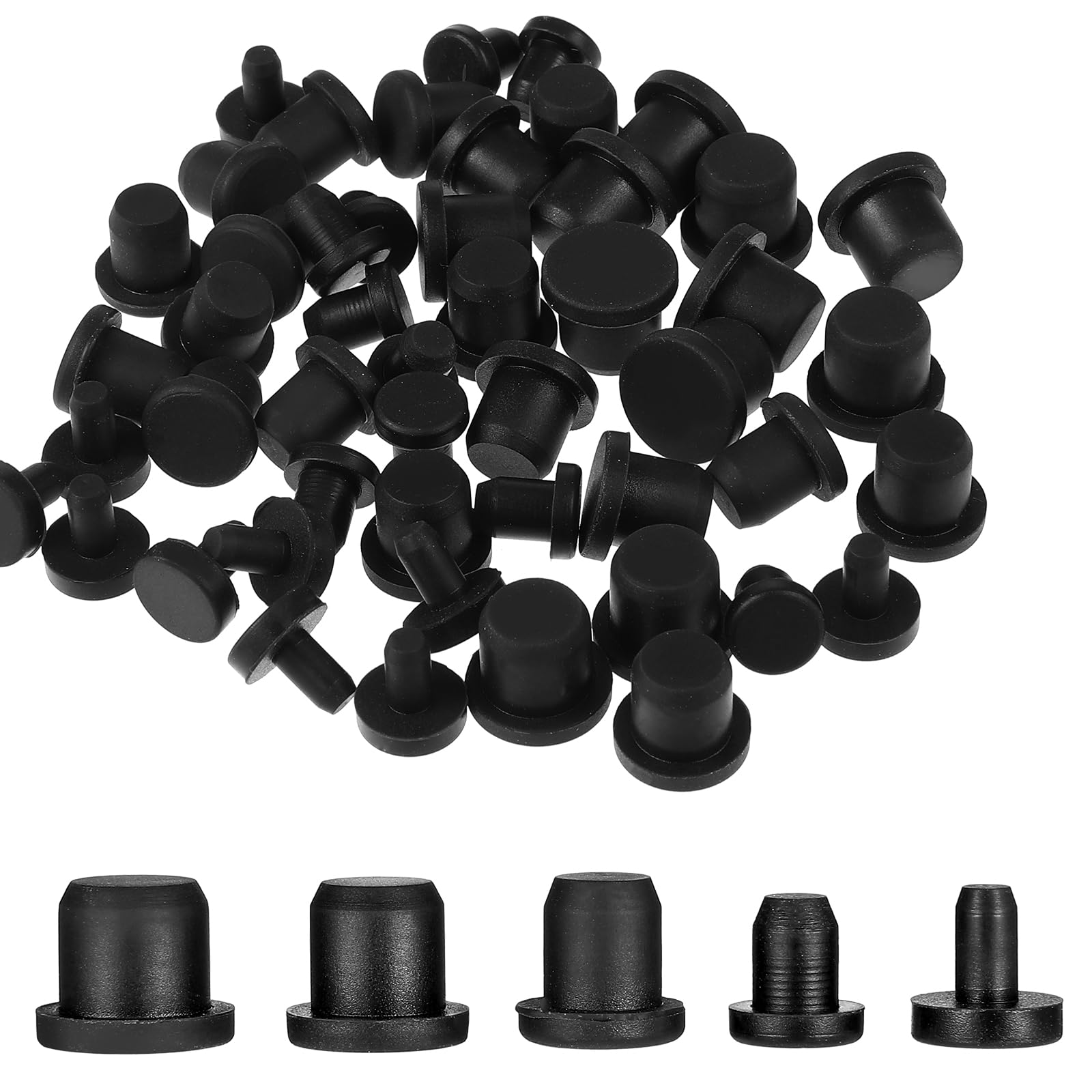 50 Pcs 5 Sizes Silicone Hole Plug Black Rubber Plugs for Round Holes Waterproof Button Hole End Covers Soft Flexible Stopper Fit for 4-9.5mm Inner