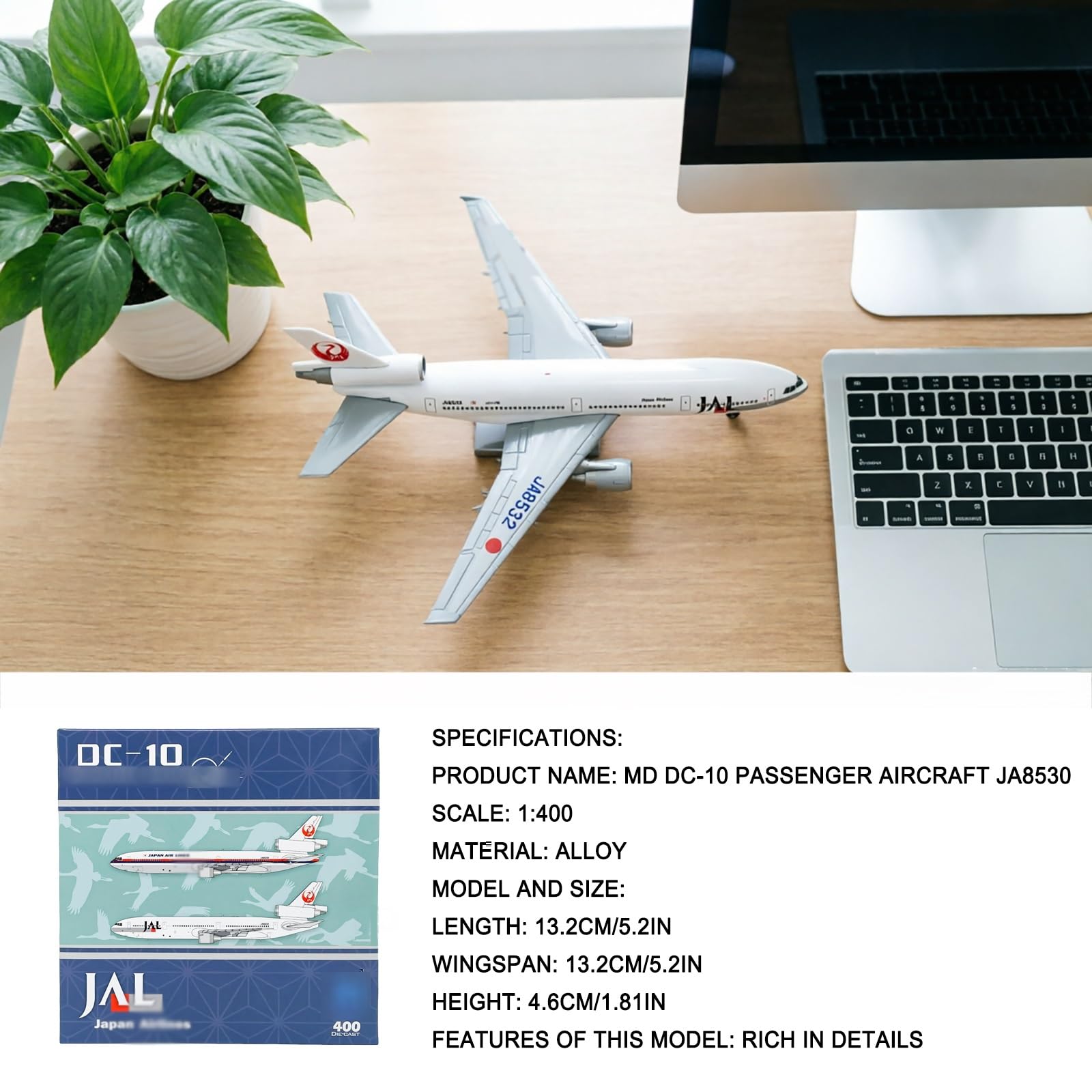 Modello aereo preassemblato metallo pressofuso JAL DC-10 scala 1:400 con espositore JA8530 Simulazione alta precisione, regalo for collezionisti aviazione, decorazione tavolo for adulti