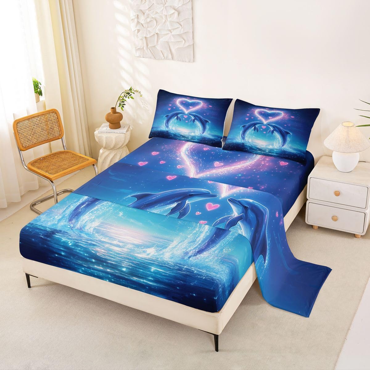 Erosebridal Dreamy Dolphin Bed Sheets Set Night Blue Ocean Waves Queen Sheet Set for Toddler Boys,Romantic Pink Hearts Glitter Sunset Starry Sky Flat Sheet