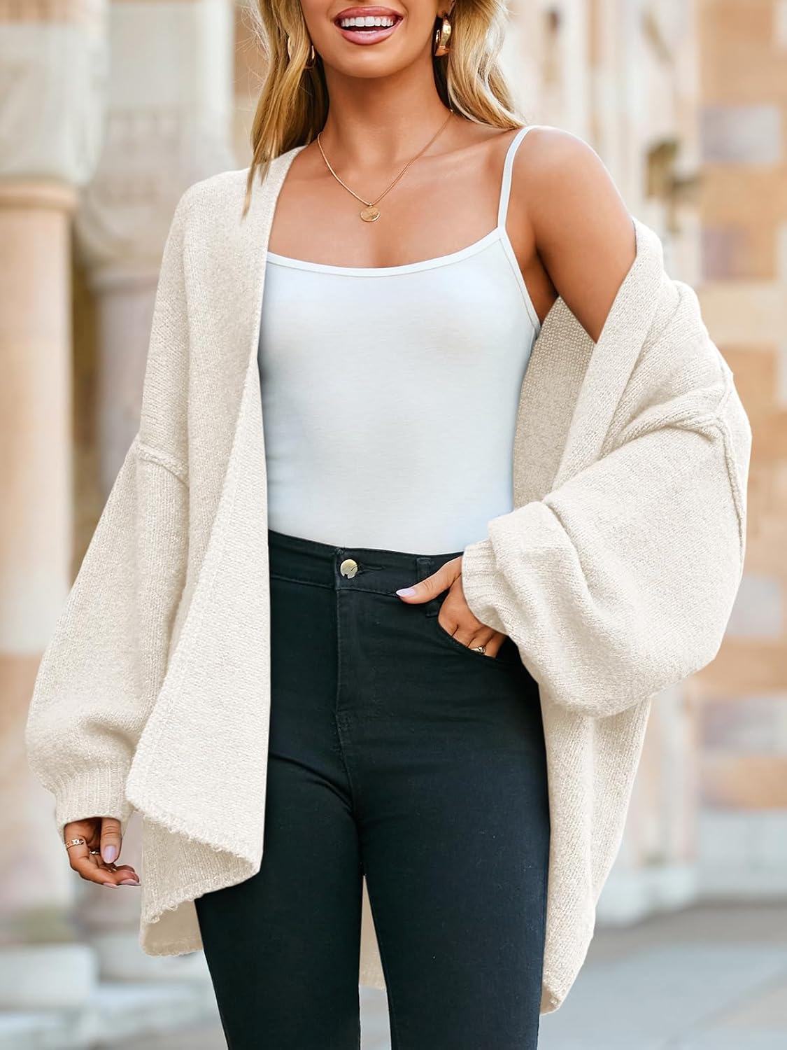 Saodimallsu Womens Oversized Cardigan Sweaters Open Front Chunky Knit Casual Long Lantern Sleeve Fall Sweater Coats - Image 4