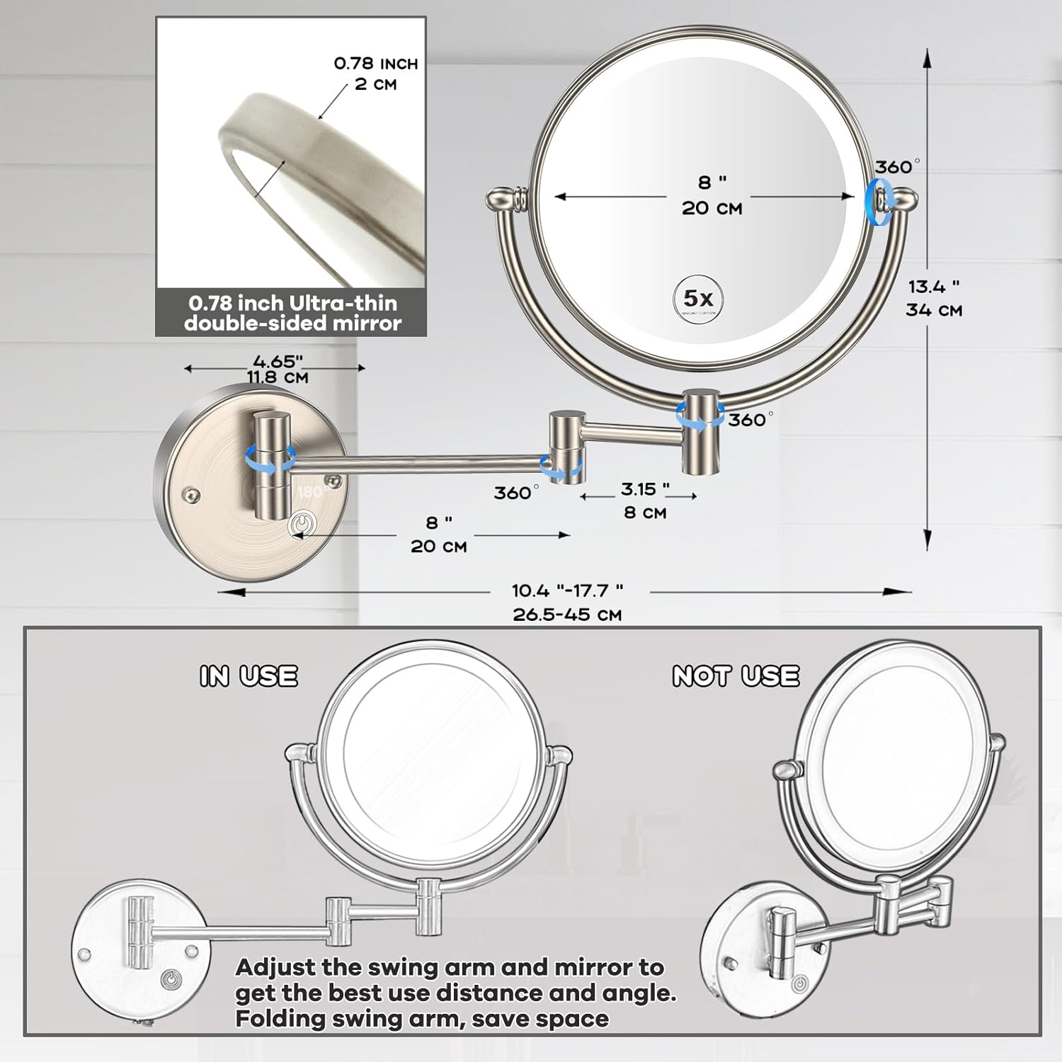 Premium 8" Brass Lighted Makeup Mirror with Magnification, 1X/5X Double-Sided Bathroom Wall-Mounted Mirrors Swing Arm, Touch Dimming, Brushed Nickel Finish, Hardwired