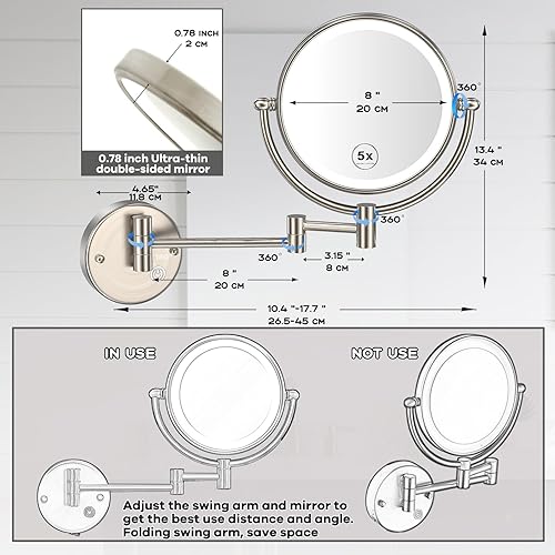 Miniatura 6 de Espejo de maquillaje iluminado de latón prémium de 8 pulgadas con aumento, 1X5X de doble cara para baño, espejos de pared con brazo oscilante,