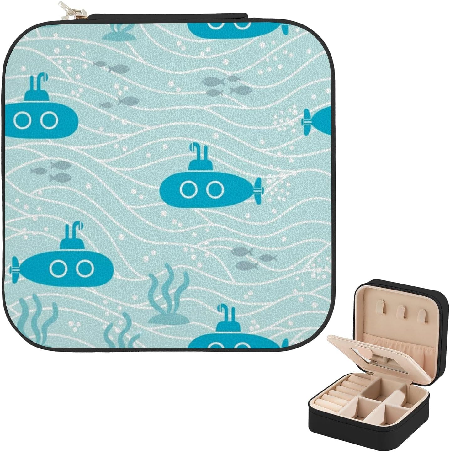 Teal Submarine Fish Small Jewelry Travel Case, Small Jewelry Box With Mirror, Rings Holder Organizer For Rings Earrings Necklaces Bracelets, Mini Essentials Gift For Women Bridesmaid Birthday