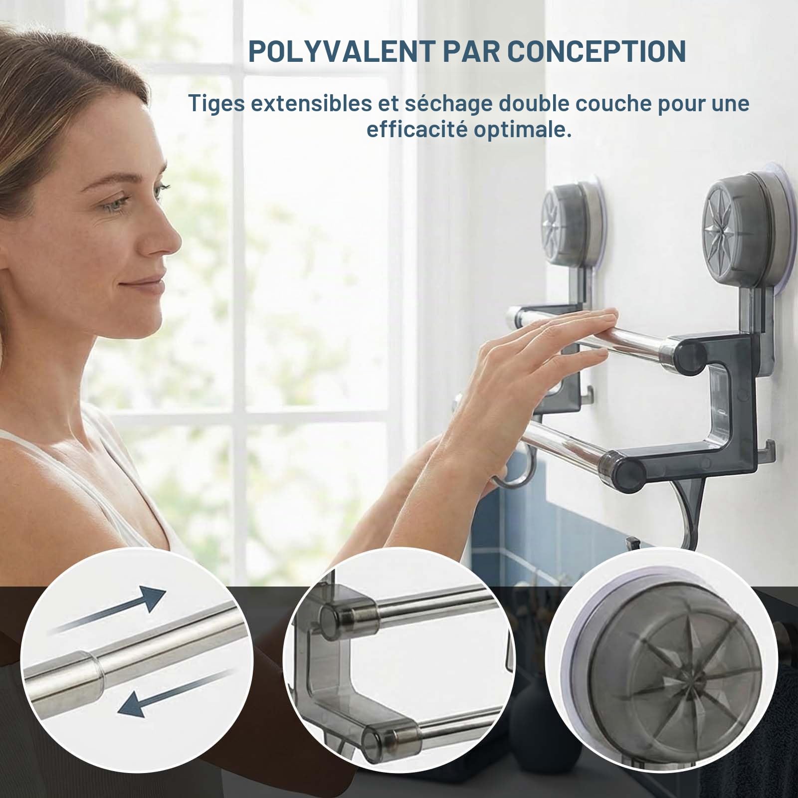 Porte-serviettes Double Extensible en Acier Inoxydable Gris, Barre de Serviette Télescopique 30-60cm pour Salle de Bain et Cuisine, Montage Mural Sans Perçage avec Ventouse, Étagère de Rangement Moder