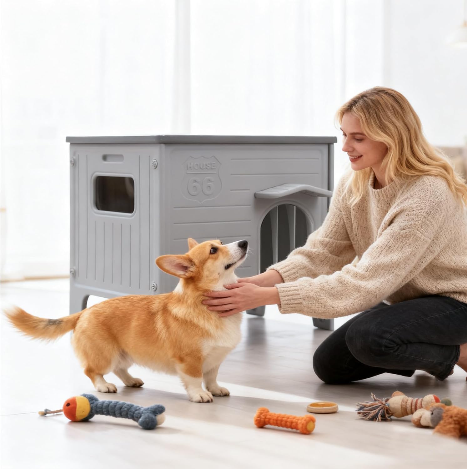 Rockever Dog House Outdoor Indoor for Small Medium Dogs, Plastic Elevated Outdoor Dog House Waterproof Dog Kennel with Window, Easy Clean and Assemble(M)