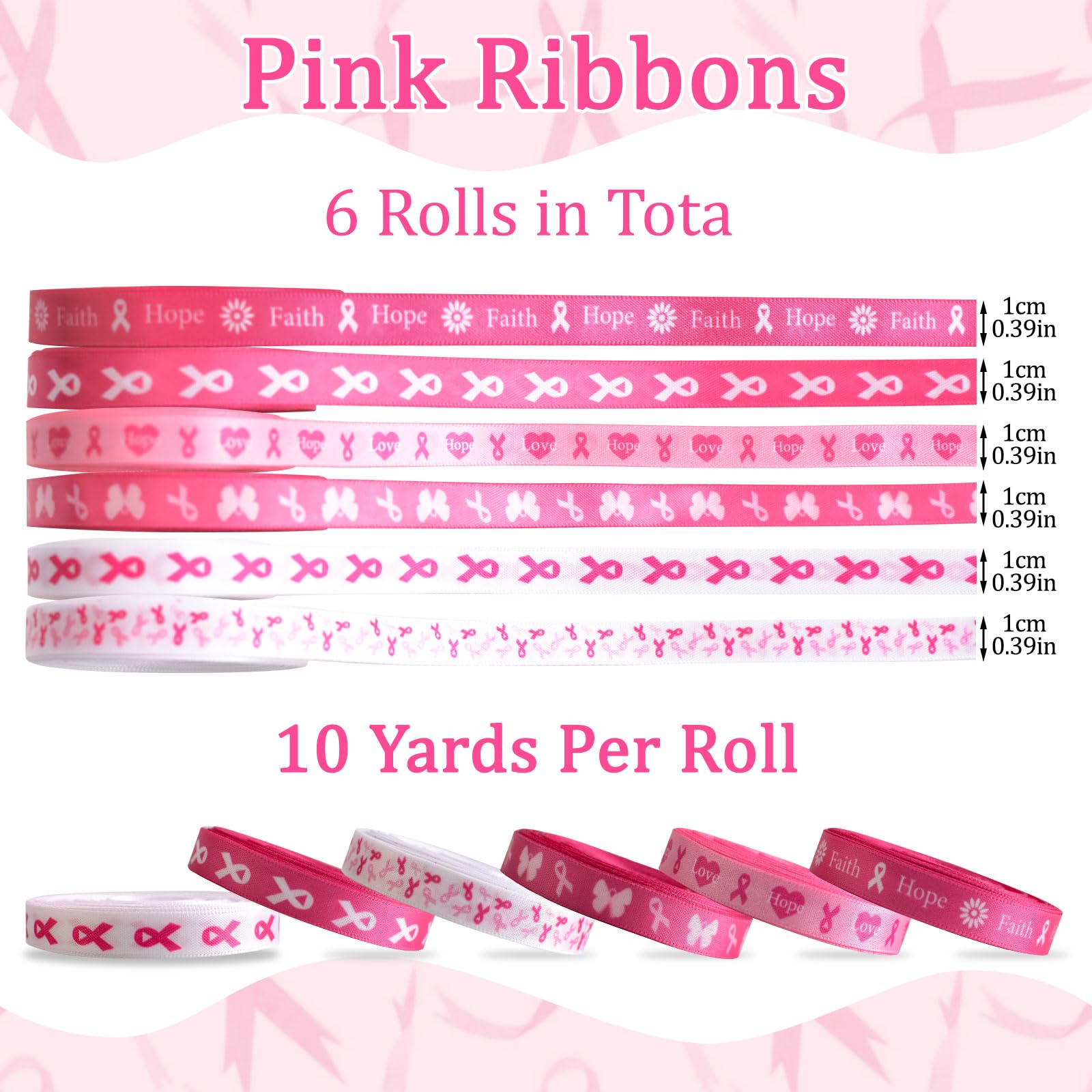 CRAFFANCY Pink Printed Ribbon, 6 Rolls 10 Yards Breast Cancer Promotion Ribbons for Gift Wrapping Breast Awareness Party Decorations Party Events - Image 2