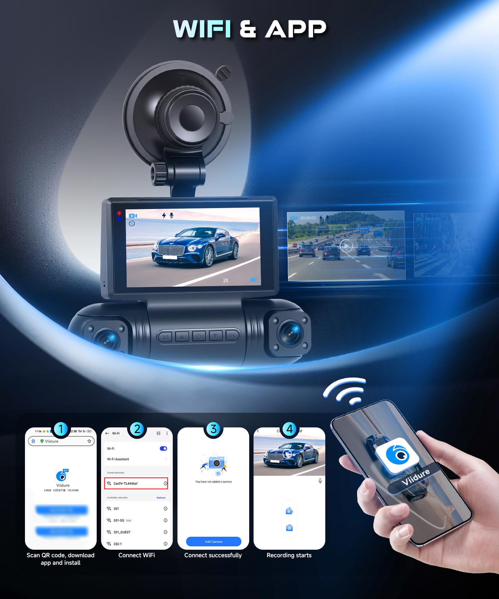 Rimoody Dashcam Auto 2K 4 Telecamere, Kit Completo con WiFi e 64GB - Videoregistratore 360° per Auto, Visione Notturna, Assistente Parcheggio, G-Sensor, App per Smartphone