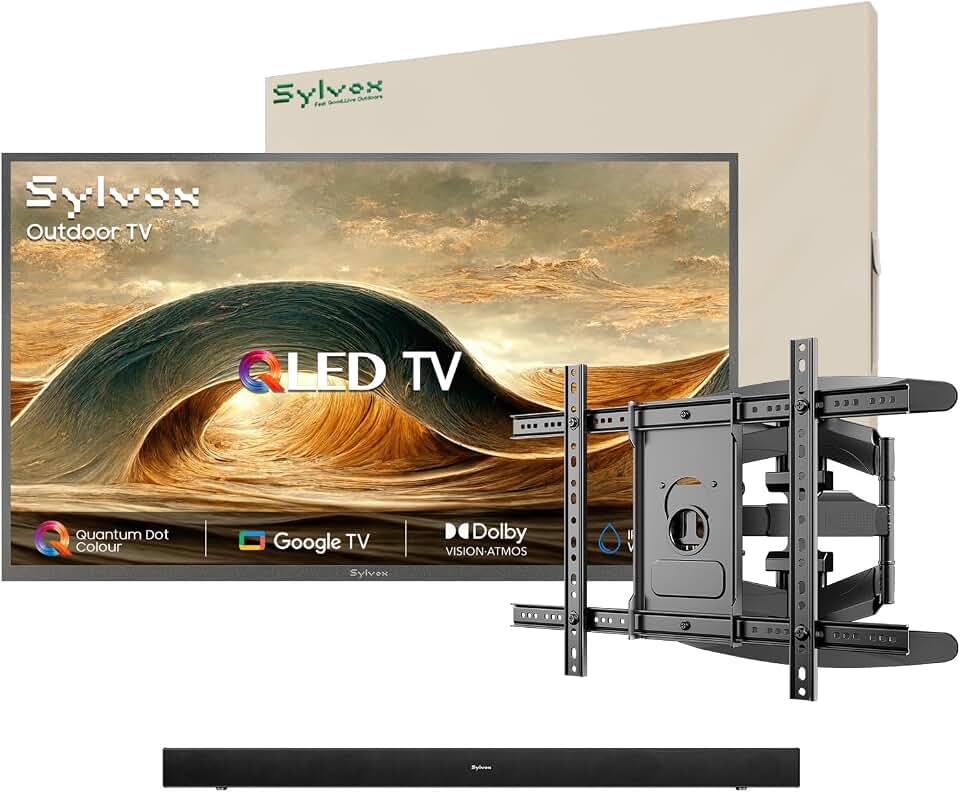 SYLVOX Outdoor TV with Soundbar & Wall Mount & Cover, 43 inch 4K UHD QLED Smart TVs, Weatherproof, IP56 Waterproof, 1000 Nits Partial Sun, Support Google Assistant, Wide Viewing Angle (2026 Model)