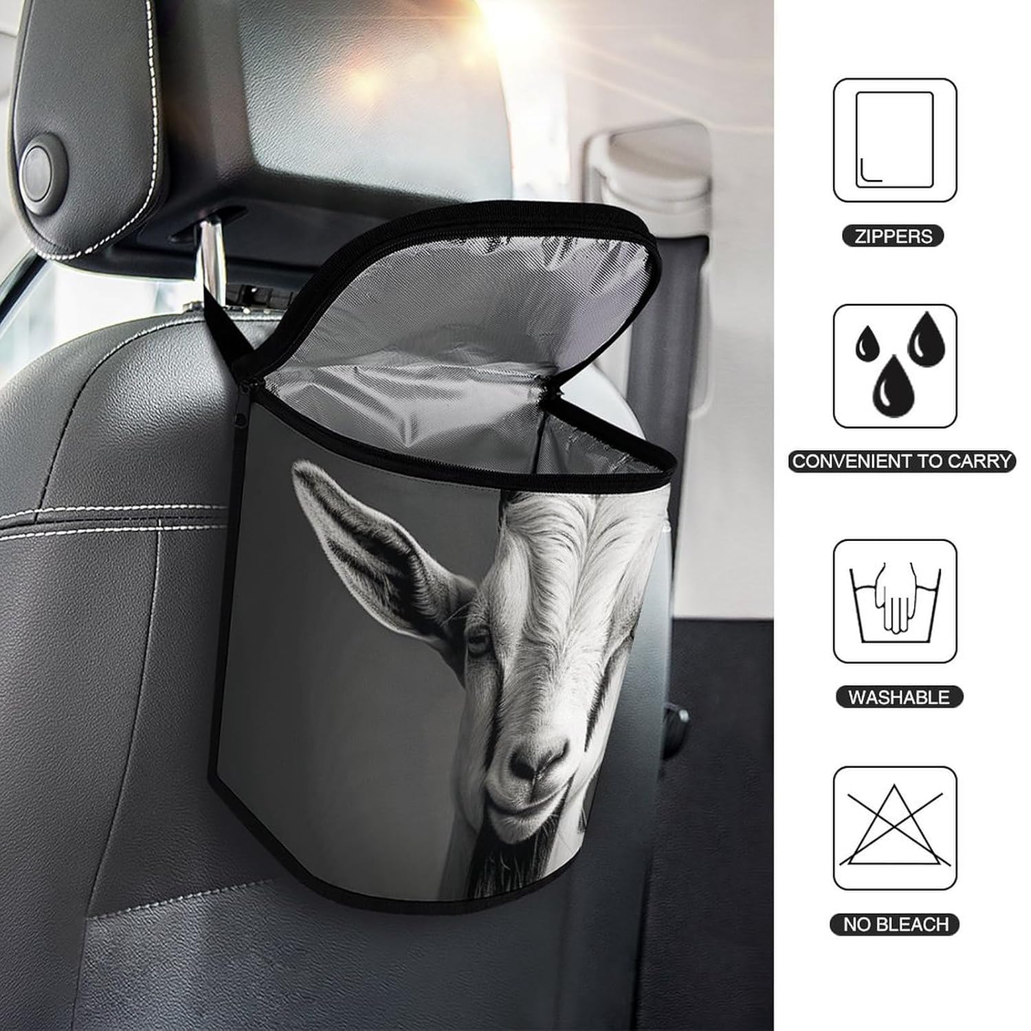 Hanging Car Trash Bag Protable Trash Can Black and White Goat Waterproof Garbage Bin for Car