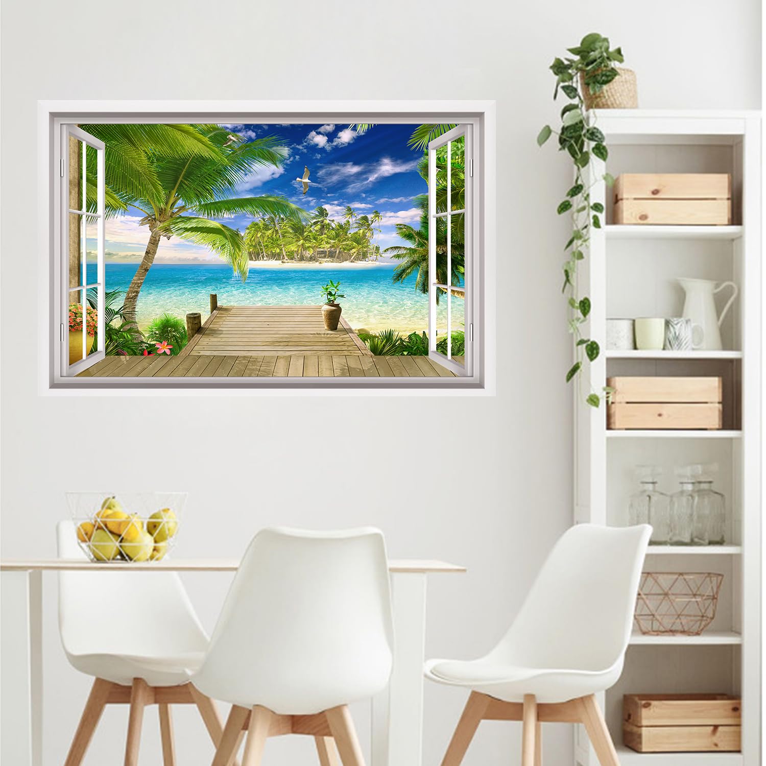 HPNIUB 3D Beach Wall Stickers,3D Sea View Wall Art for Living Room,Landscape Broken Wall Sticker,Beach Coconut Tree Wall Decal,Sea Scenery Wall Mural Sticker for Bedroom Bathroom Decor (Window4) - Image 4