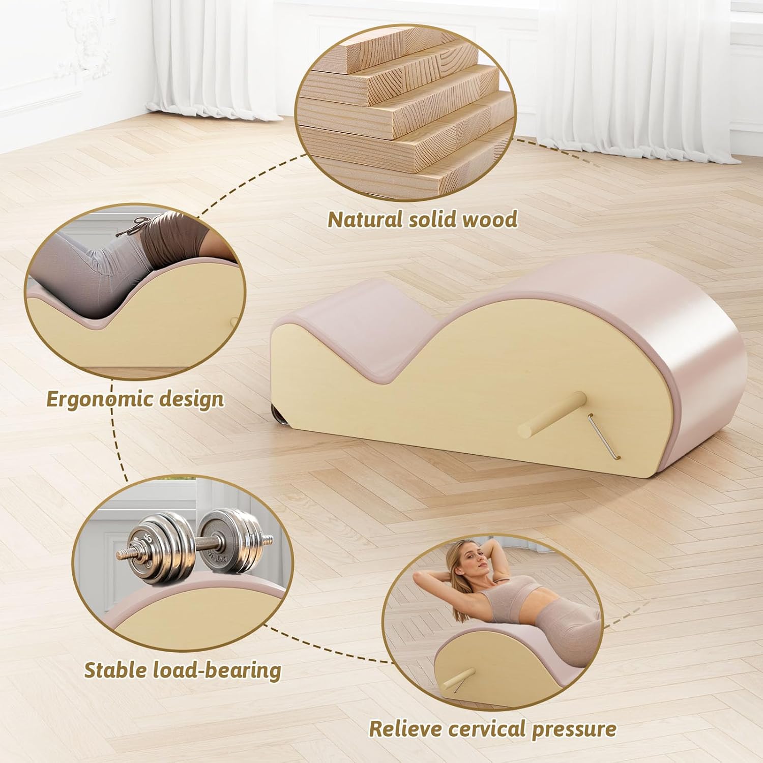 Wooden Pink Pilates Arc with Spine Corrector for Core Strengthening Back Pain Relief, Pilates Spinal Corrector Arch Barrel for Back Flexibility，at Home Reformer Pilates Posture