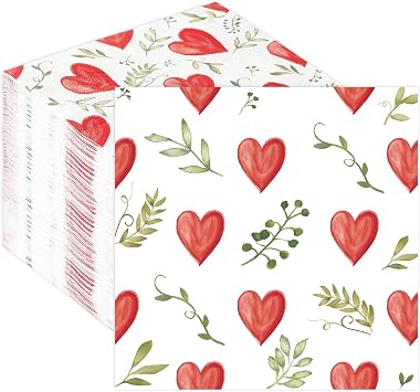 Quera 50 Pack ValentineS Day Watercolor Heart Green Leaves Cocktail Beverage Paper Napkins Disposable Paper Hearts Dessert Napkin for Spring Wedding Dinner Supplies Tableware Decor 6.5 x 6.5