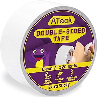 ATack Extra Sticky Clear Double-Sided Tape, Removable, 2-Inch x 20-Yards - Wall Safe Heavy-Duty Double Sides Self Sticky Wall Fabric Tape for Wood Templates, Furniture, Leather, Curtains and Craft