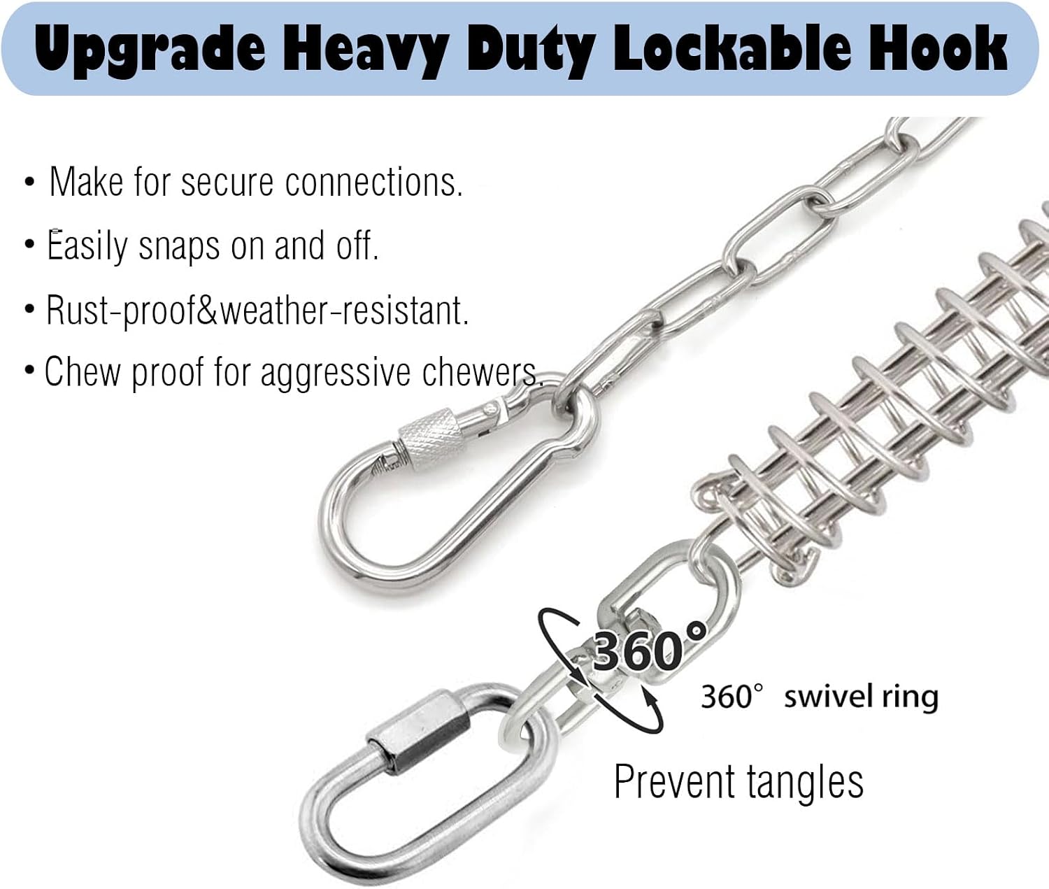 25ft Chew Proof Dog Tie Out Chain Leash Shock Absorbing Lockable Hooks Up to 200Lbs