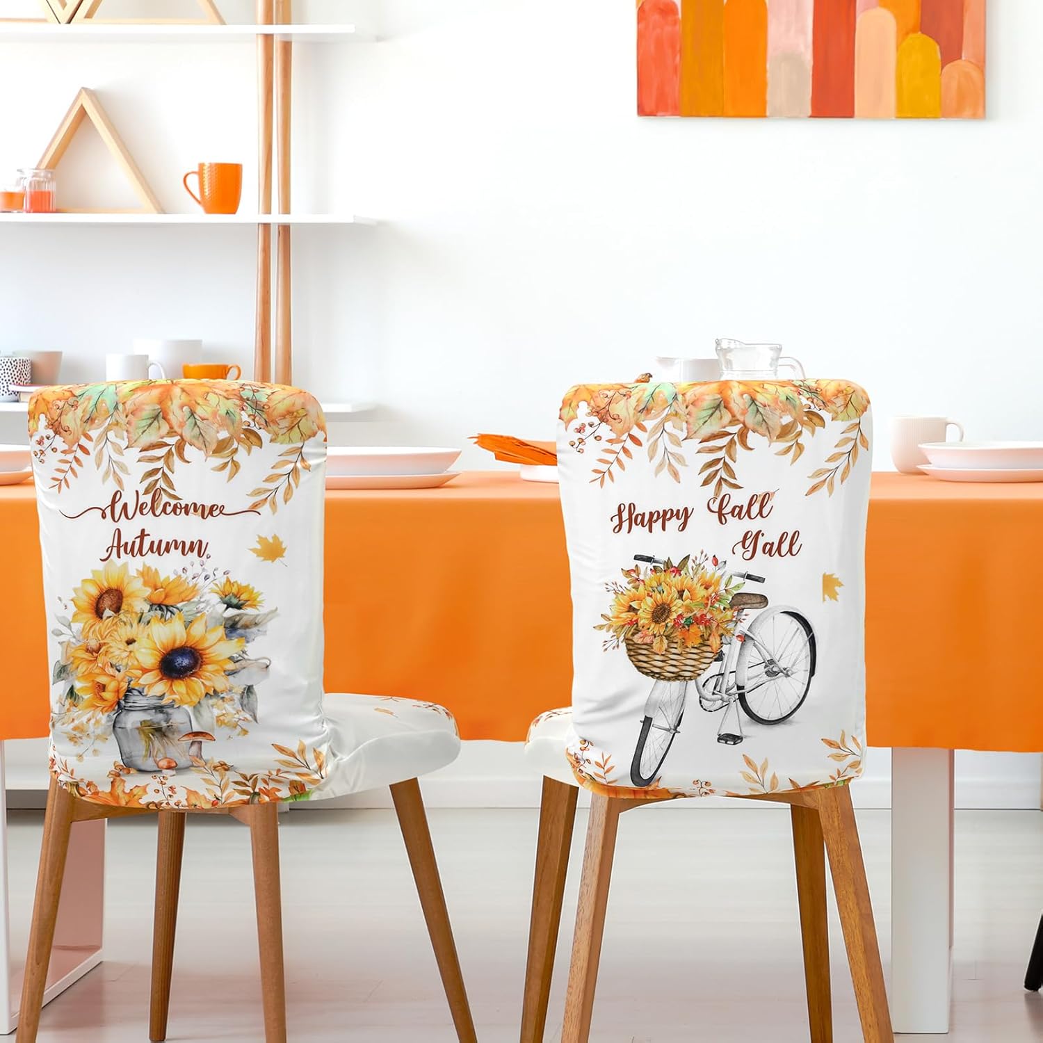 Preboun Fall Chair Covers Set of 6 Thanksgiving Dining Protector Stretch Removable Washable Autumn Pumpkin Sunflower Maple Leaves Slipcovers for Dining Hotel Party Wedding